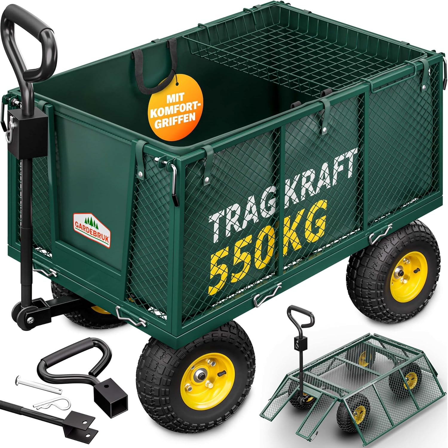 GARDEBRUK Bollerwagen 550 kg Belastbar Klappbar Stabil Herausnehmbare Plane Gerätewagen Handwagen Garten Gartenkarre Gartenwagen Transportwagen Karre