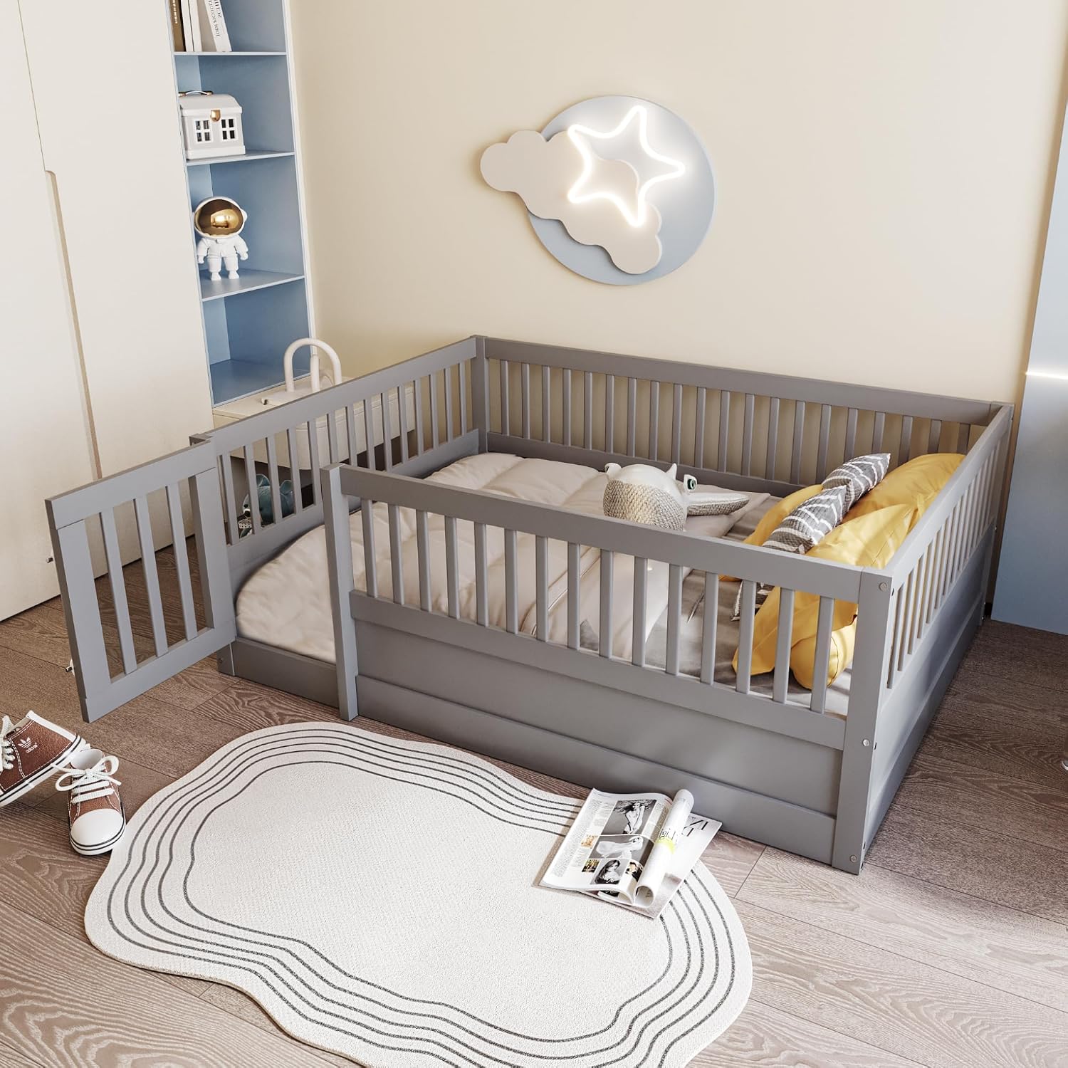 HMHKHN Bett Boden 140 × 200 cm , 140 × 200 cm, Montessori-Kinder, Holz Bettgestell mit Gitter und Tür inkl. Rausfallschutz Zaun, Ohne Matratze(Grau)