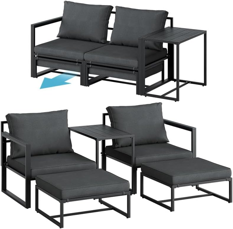 STEELSØN Asteri Sitzgruppe 5-teilig, Gartenmöbel Set mit 2 Sessel, Inkl. Sitzpolster anthrazit, Balkonlounge Metallgestell Schwarz, 2 Hocker, 1 Tisch