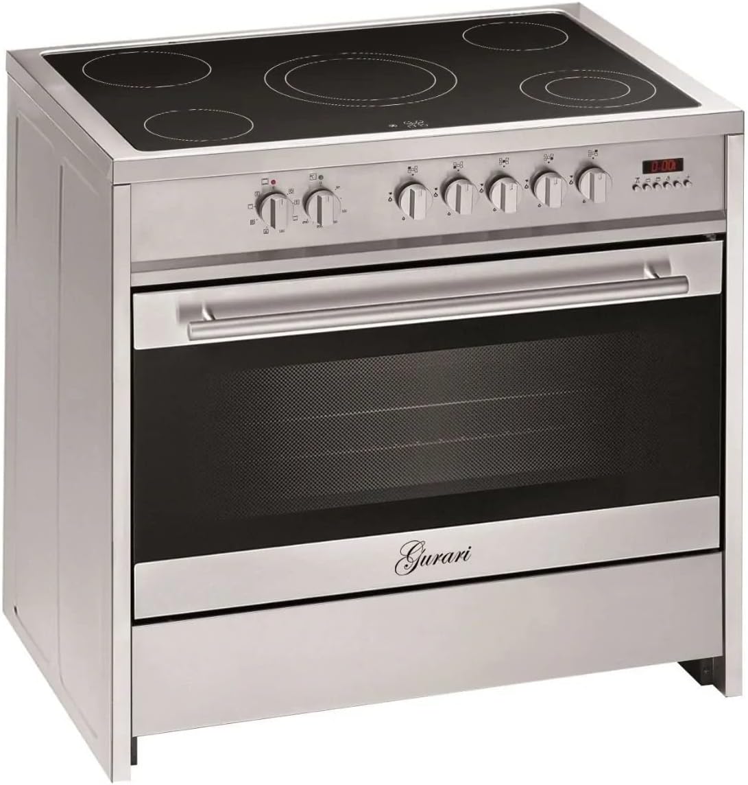 GURARI Elektro Standherd 90 cm GCH E 912 X Glaskeramik Herd Range Coocker 121 l, Edelstahl Grau/Silber, Heißluft, Grill, 5 Hi-Light Zonen Kochfeld