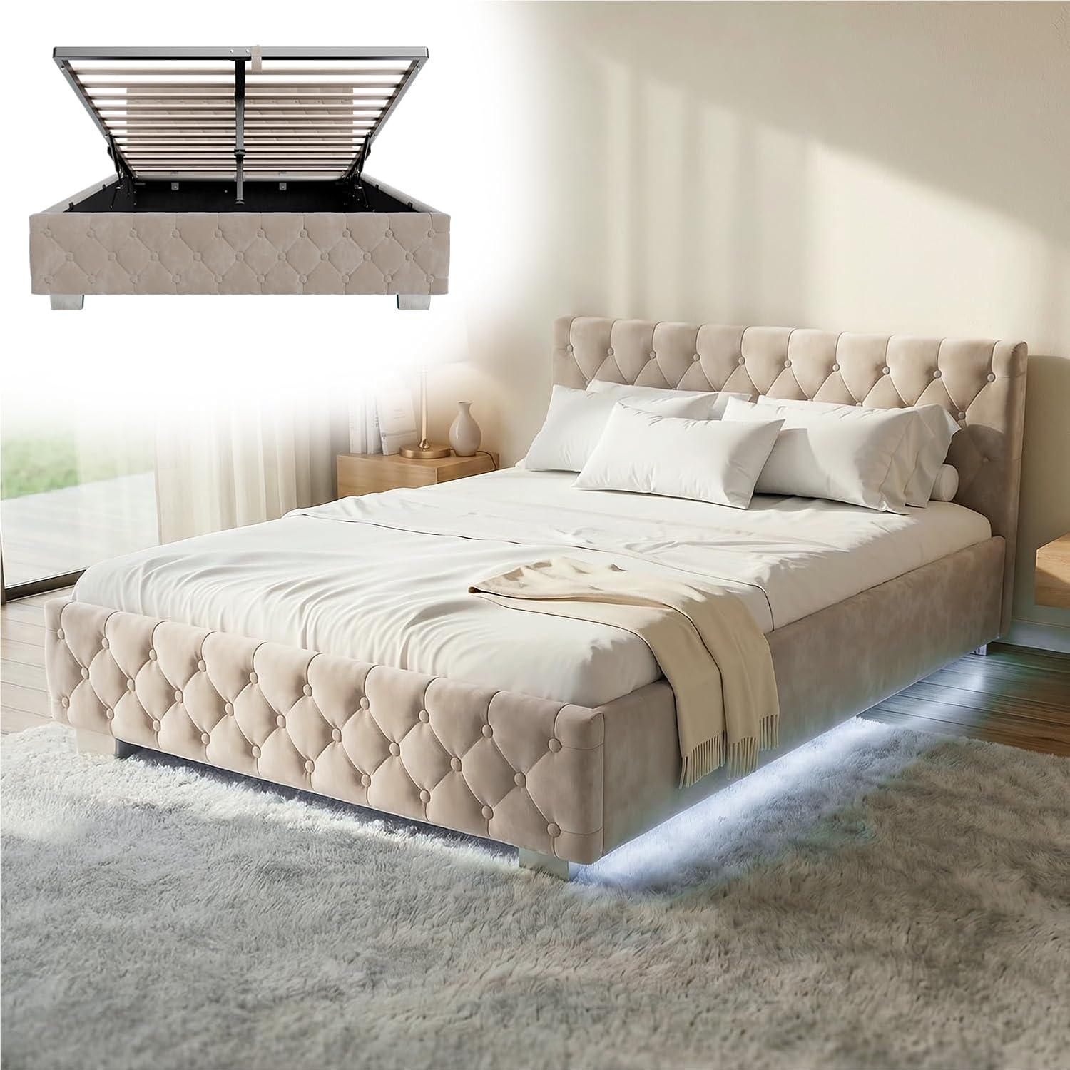 Juskys Polsterbett Nizza 140 × 200 cm Samt mit Stauraum, LED Beleuchtung & Lattenrost, Chesterfield Steppung & Kopfteil, Bett Bettgestell