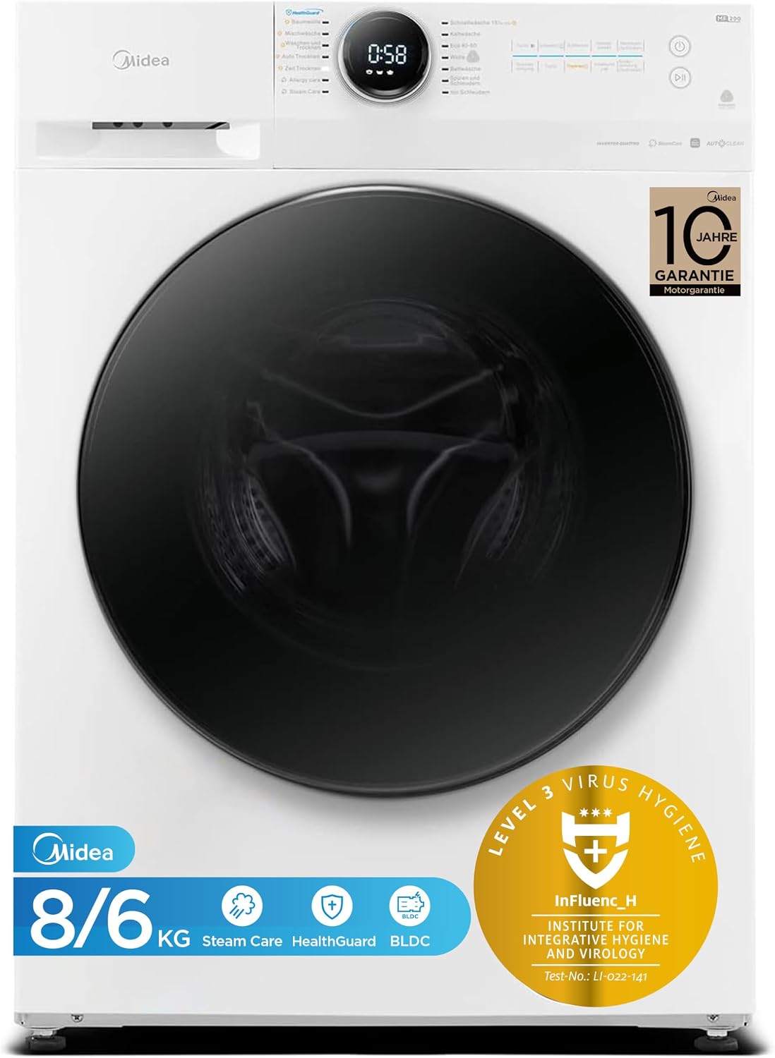 Midea MF200D86WB-14DAS Waschtrokner, 8&6 kg Waschen&Trocknen, 48 cm tief, Inverter Mortor, 60 Min. Waschen & Trocknen, Steam Care, Turbo, AquaStop