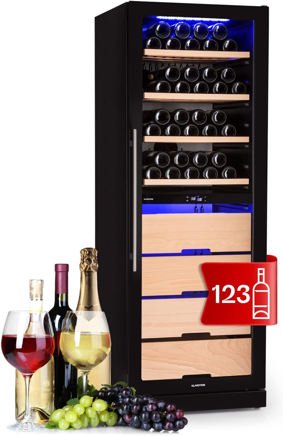 Klarstein Weinkühlschrank, 5-18 °C, Getränkekühlschrank Schmal, 2 Zonen Kühlschrank mit Glastür, Getränkekühlschränke Freistehend, 123 Flaschen