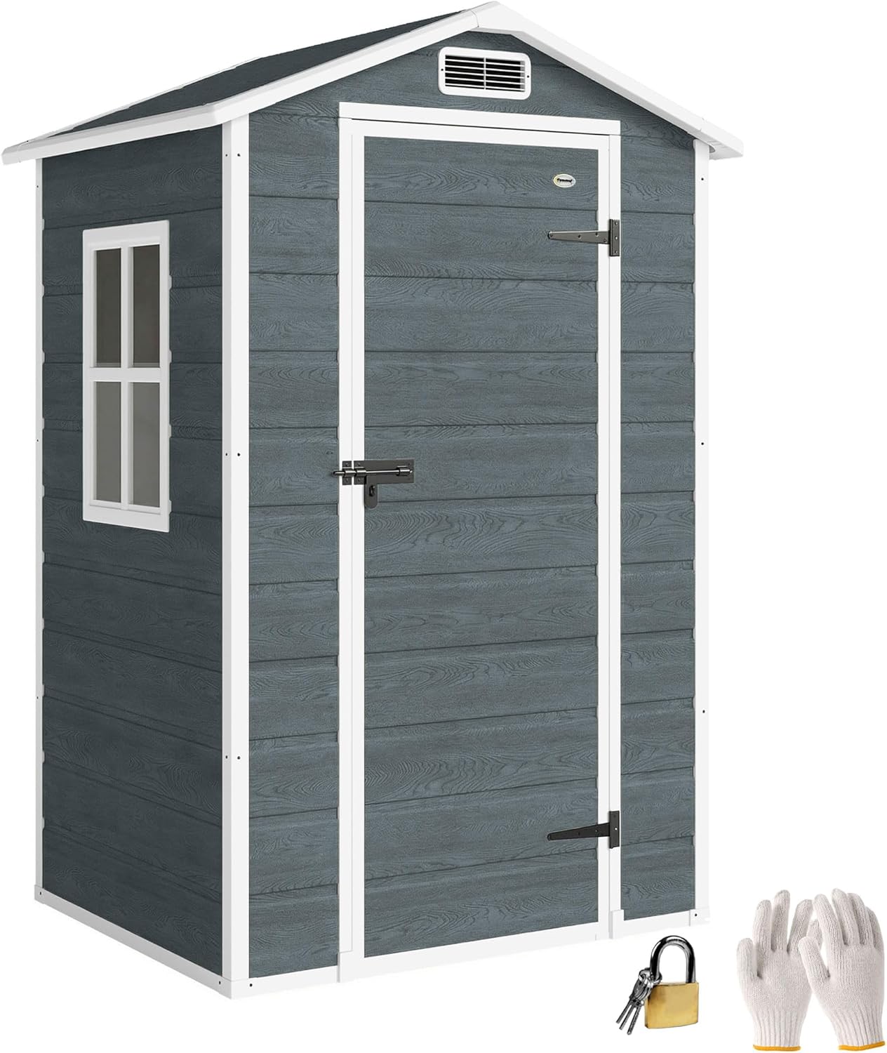 Outsunny Gerätehaus 1,1 m2 Geräteschuppen mit Holzoptik Fenster 128 × 104 × 196 cm Kunststoff Gartenschuppen mit Satteldach Belüftung Boden Schloss