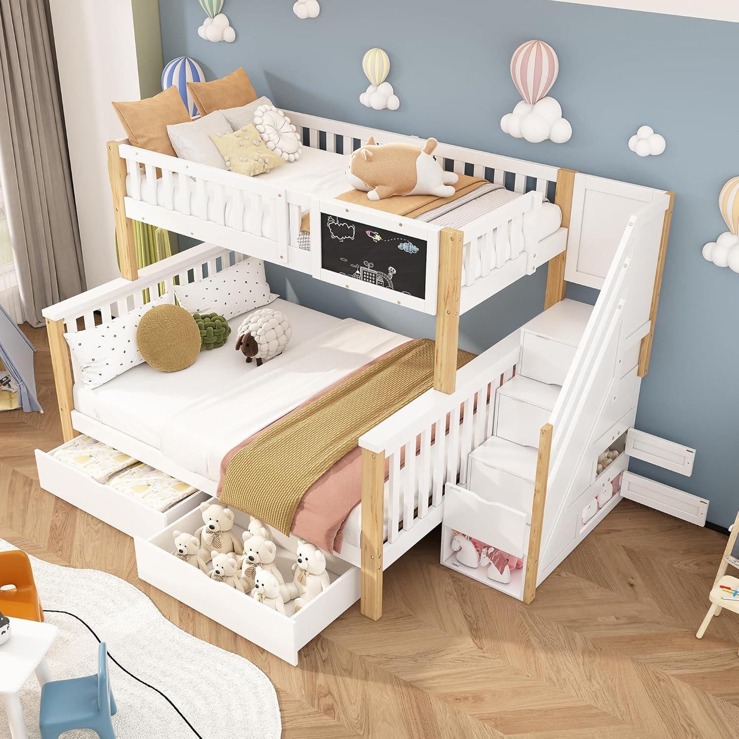 Gegtuon Etagenbett Kinderbett 90 × 200 & 140 × 200 cm mit Stauraum Treppe & 2 Schubladen, Ohne Matratze, Bett Holzbett Hochbett mit Tafeln für Kinder