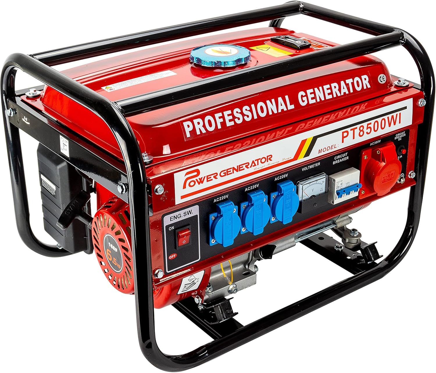 Messermann Stromgenerator mit Benzin, 6, 5 PS (Stromgenerator mit Zugstarter), 5 Steckdosen 3 × 230 V / 1 × 400 V / 1 × 12 V, 15 l, Rot/Schwarz/Blau