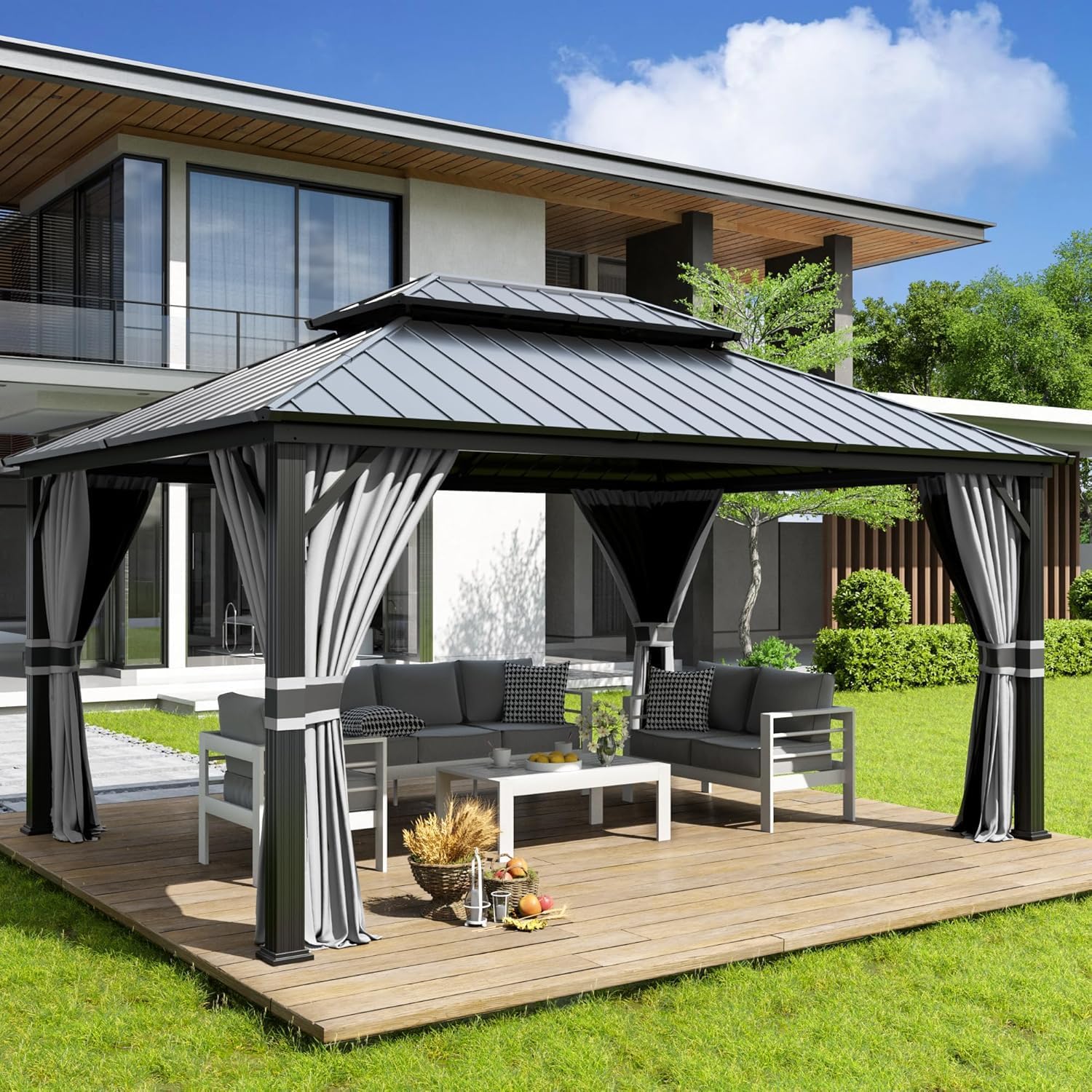 Amopatio 3.65 × 4.85 m Gartenpavillon Wasserdicht Stabil Winterfest Hardtop Pavillon, Grau