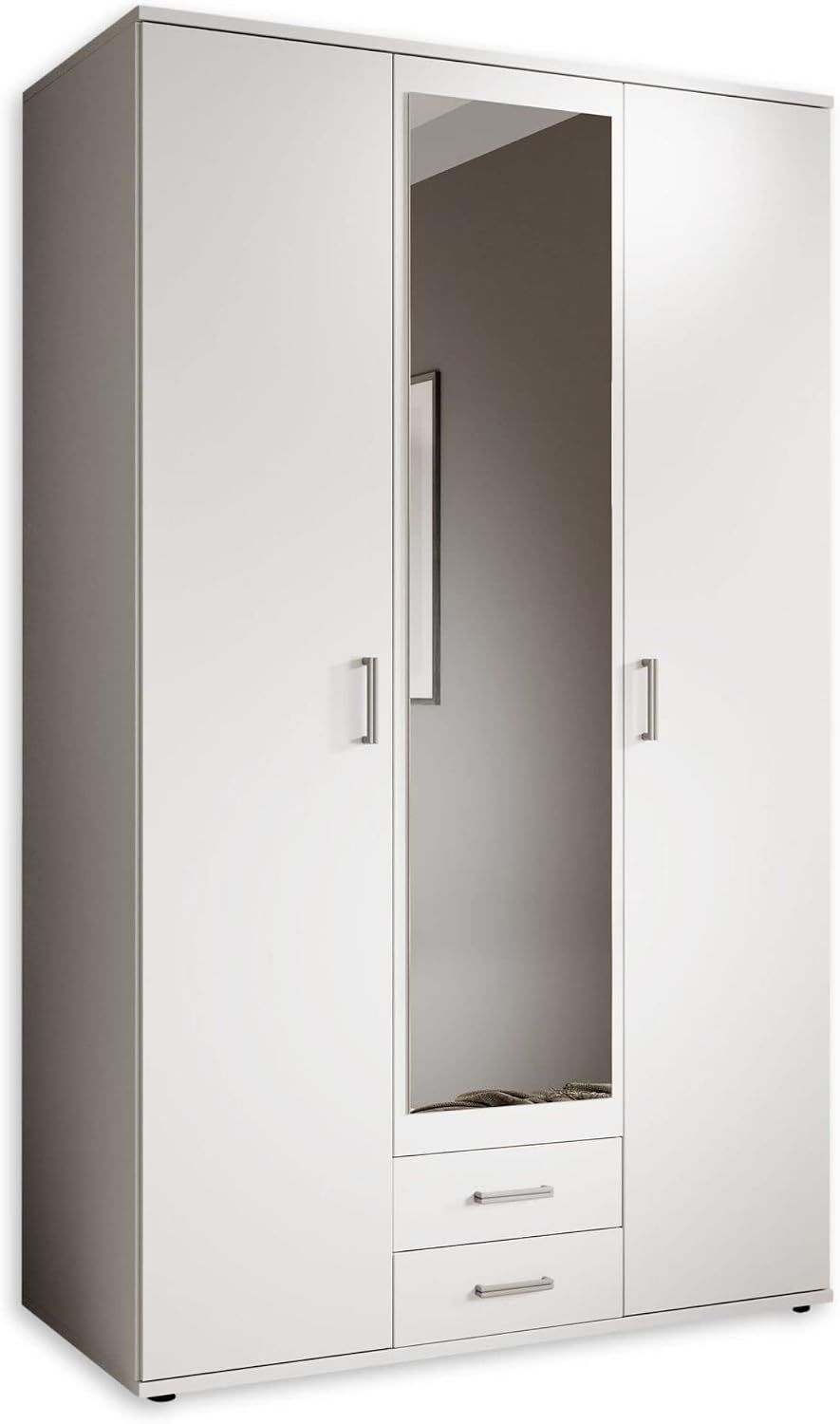 Stella Trading KARL Eleganter Kleiderschrank 3-türig mit viel Stauraum, 120 × 195 × 55 cm, Vielseitiger Drehtürenschrank in Weiß mit Spiegeltür, B/H/T