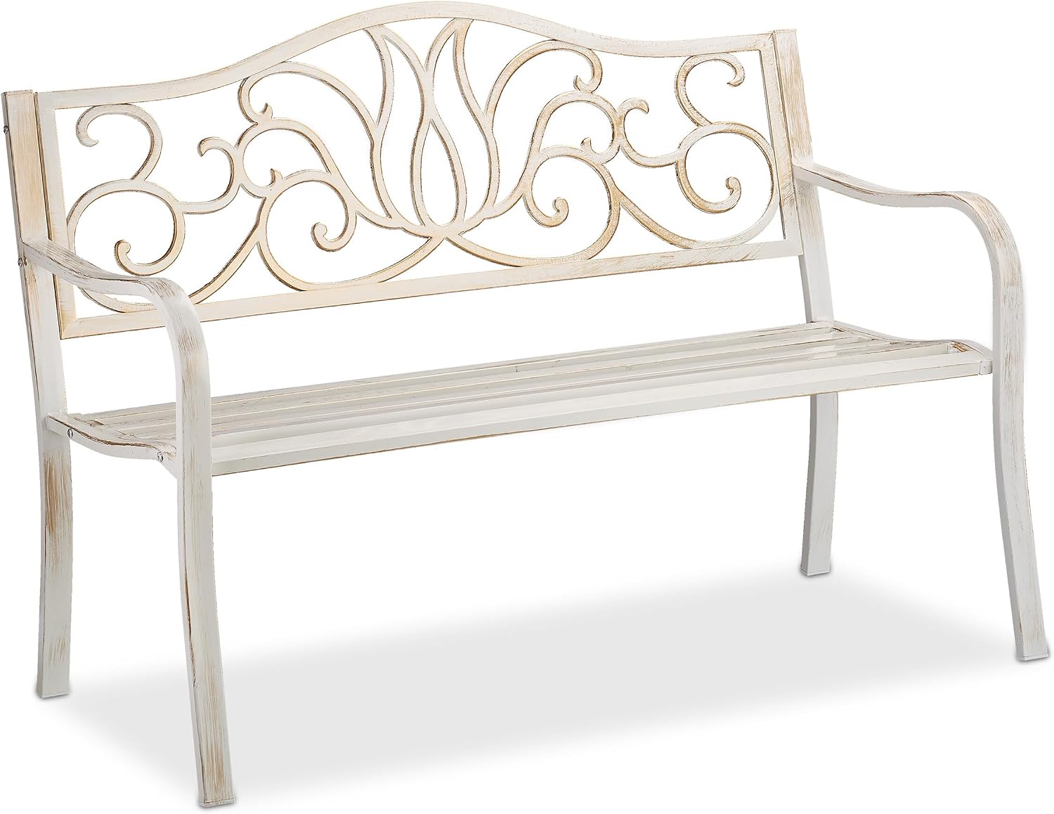 Relaxdays Gartenbank Antik für 2 Personen, Metallbank 90 × 127,5 × 63 cm, Balkon, Premium Rostschutz, Weiß-bronze