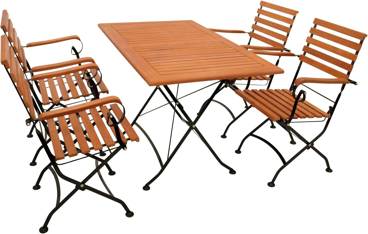 DEGAMO Garten Sitzgruppe Klappgarnitur HOFGARTEN 5-teilig, 1x Tisch 70 × 120 cm, Stahl schwarz pulverbeschichtet, 4X Armlehnensessel, FSC-Zertifiziert