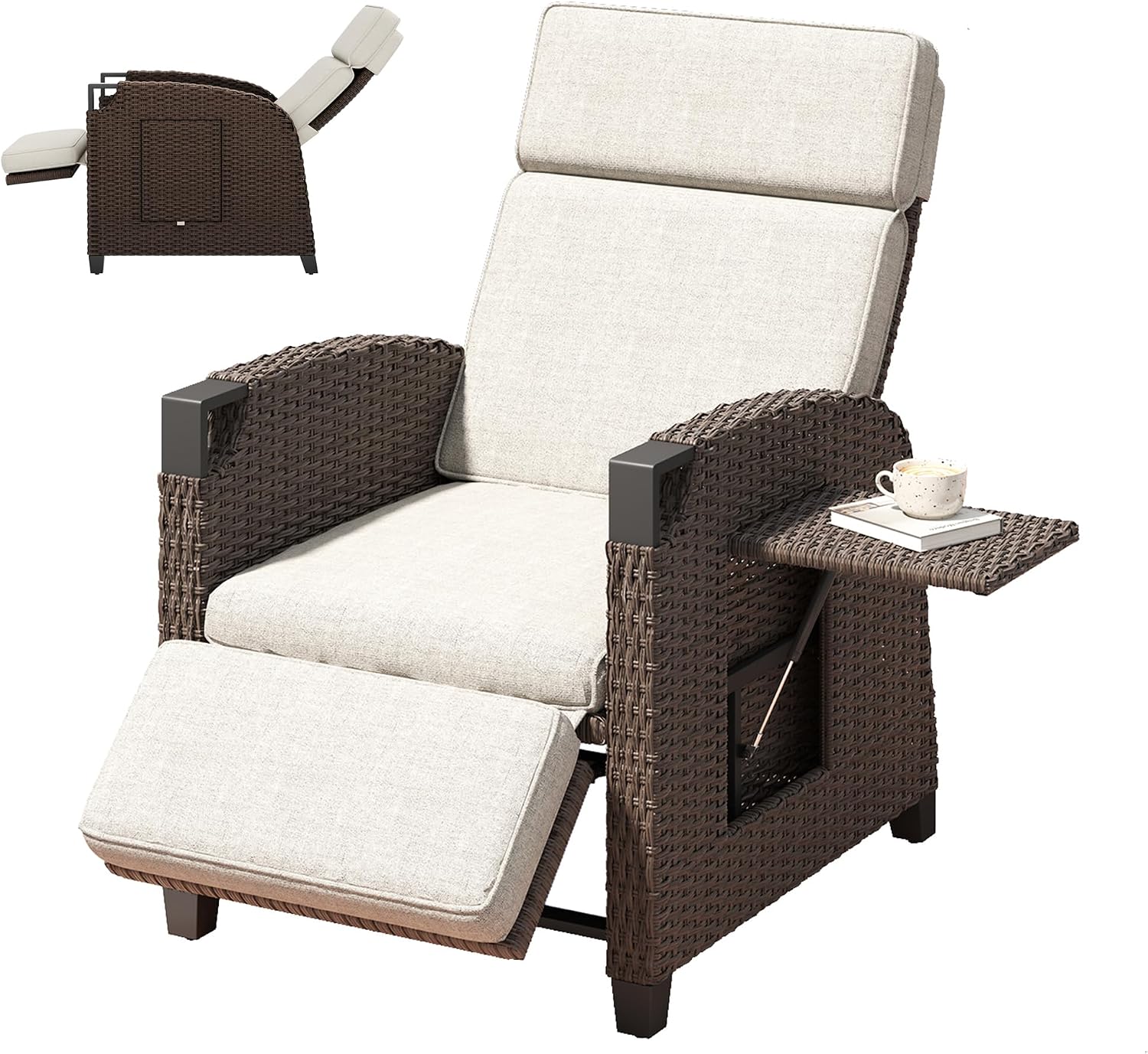 Amopatio Relaxliege Liegesessel, Rattan Sonnenliege mit Verstellbar Rückenlehne und Klapptisch, Outdoor Gartensessel wetterfestes, Für Terrasse