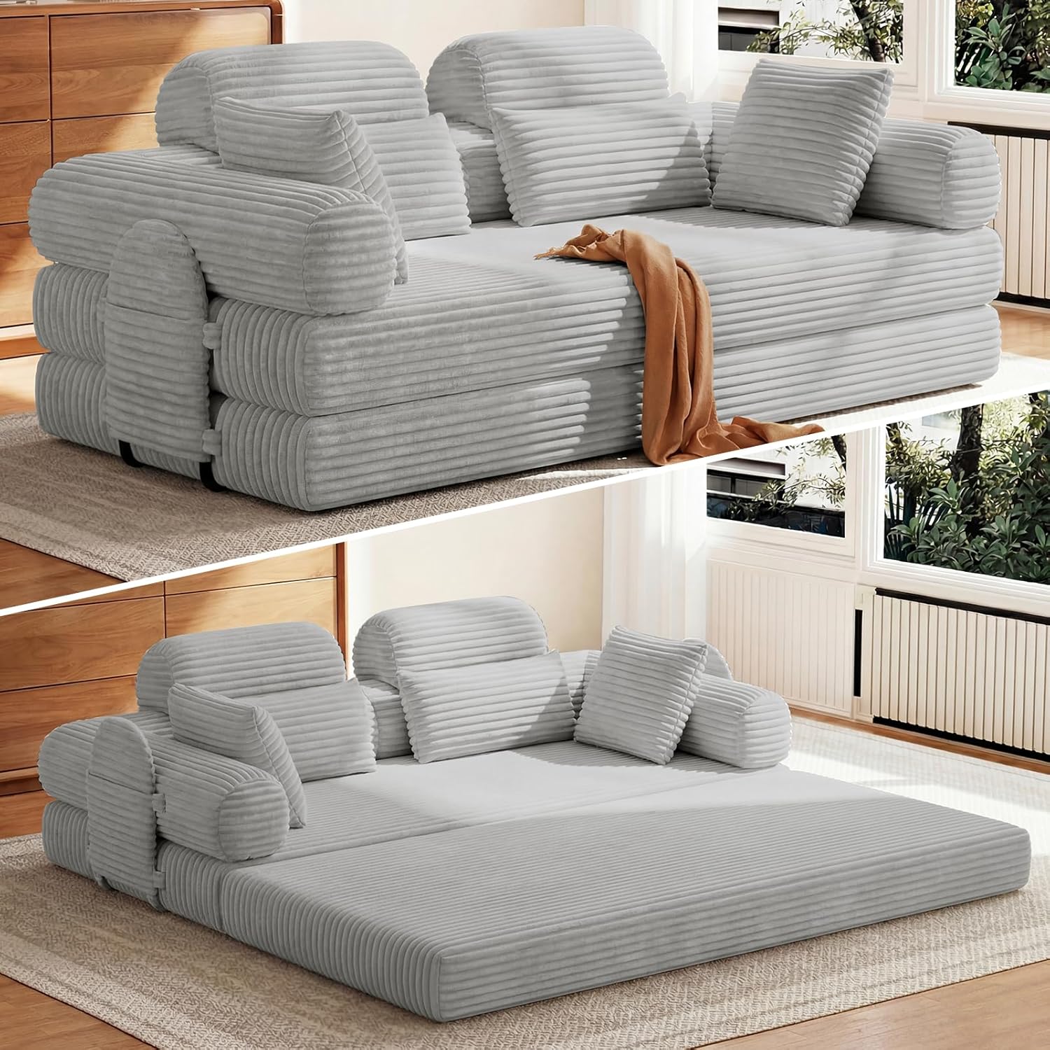 HOMRELEXA Schlafsofa 200 cm Breit, Boneless Couch, Bodensofa Bed mit Hohe Rückenlehne, Abnehmbare Integrierte Kopf- und Lendenstütze, 2 Zierkissen