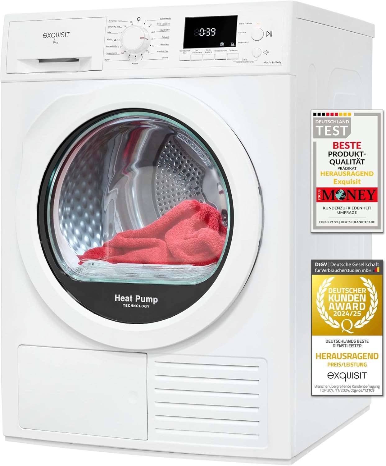 Exquisit Wärmepumpentrockner 9 kg, TWP903-410 weiss, Leise Trocknung mit Knitterschutz, Digitaler Anzeige & Schuhtray