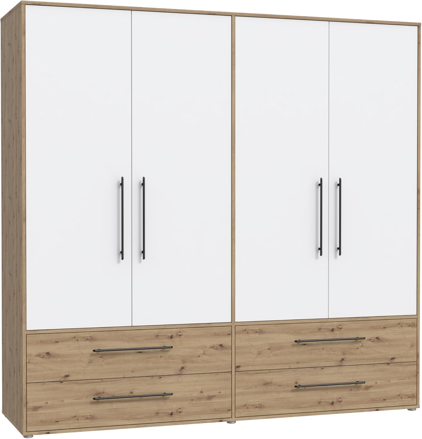 FORTE Jupiter Schrank 200 210, 206 cm breit x 59 cm tief x 200 cm hoch, Weißer Kleiderschrank, Drehtürenschrank, 4-türig