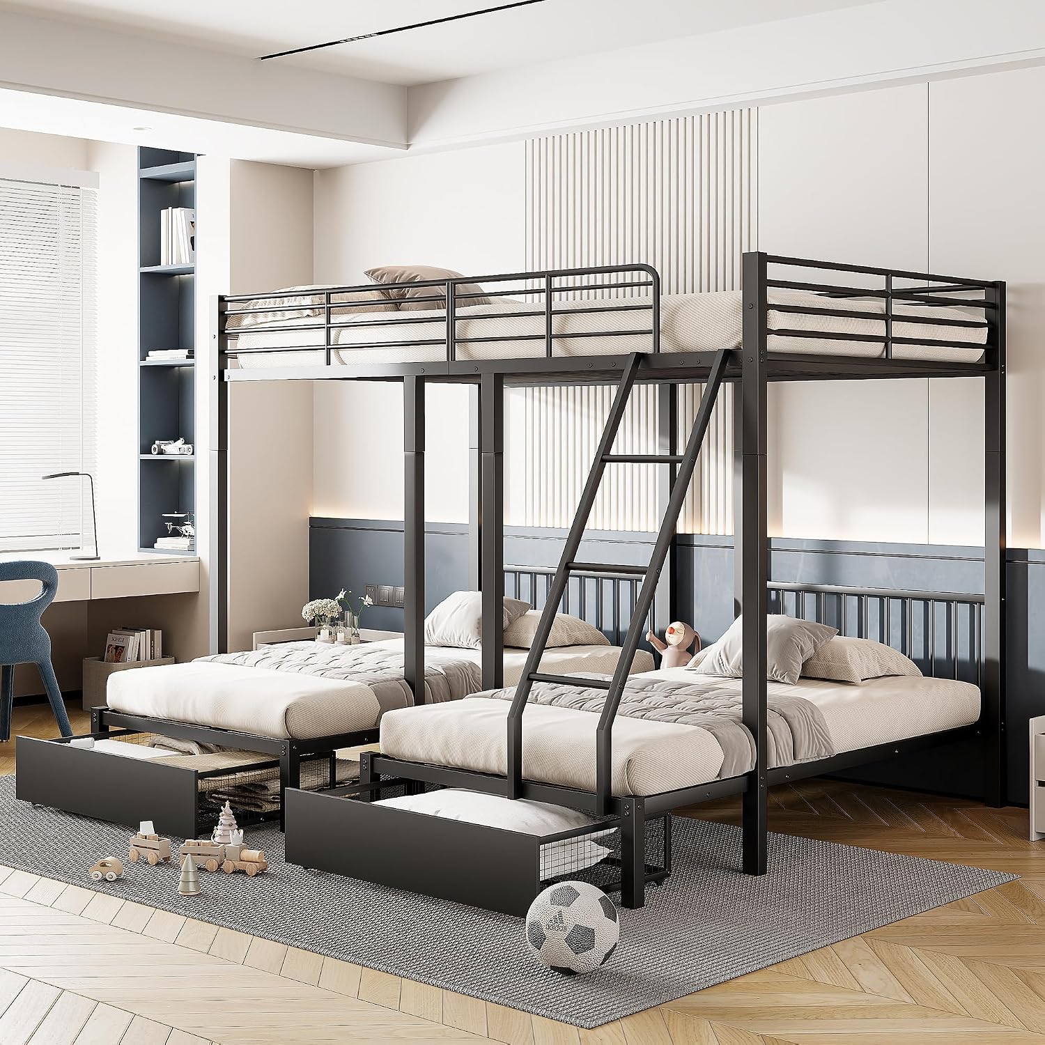 Soweiz Dreifaches Etagenbett mit Schubladen, Schwarz, Umwandelbar in 140 × 200 Doppelbett und Zwei 90 × 200 Einzelbetten