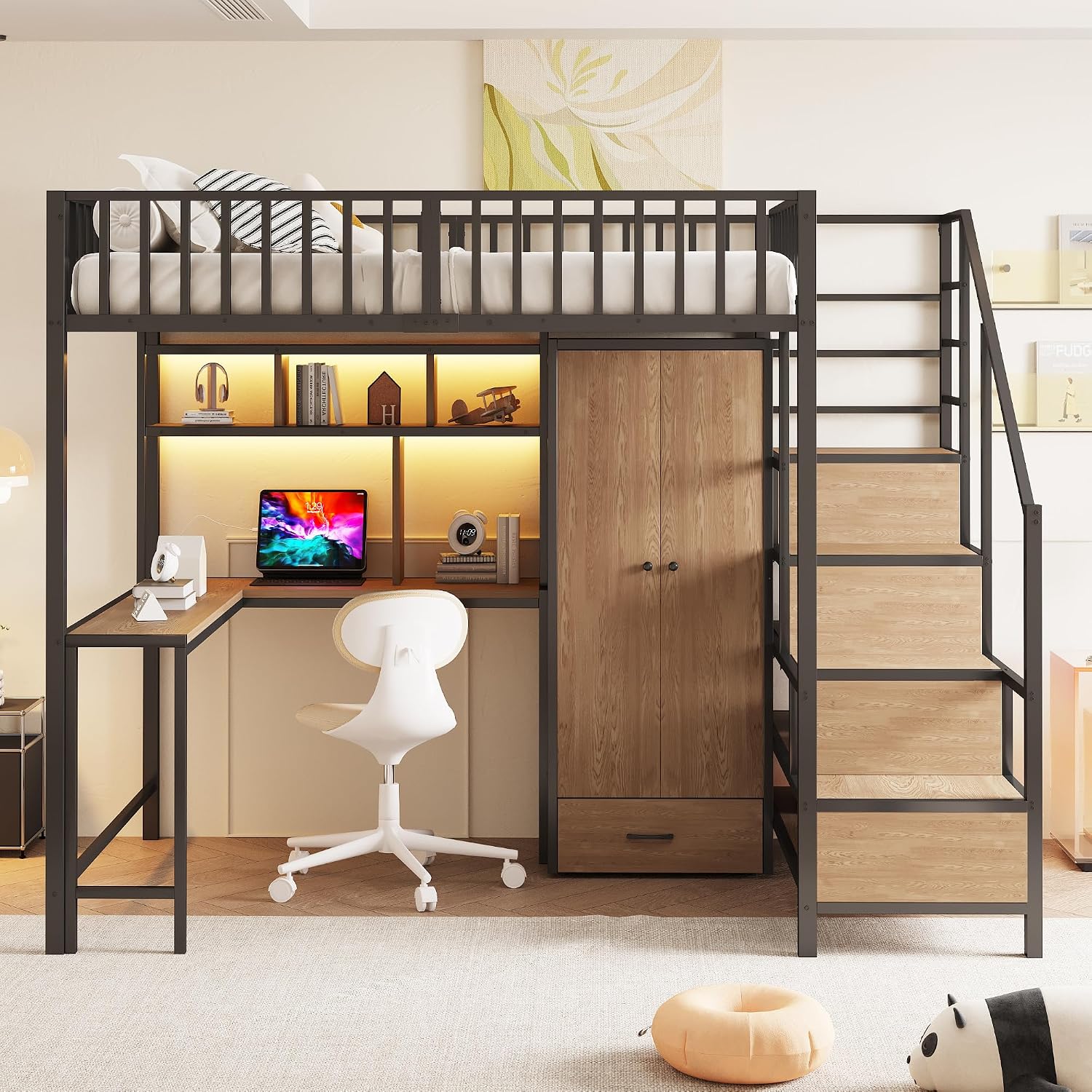Merax Metall Hochbett 140 × 200 cm, Ohne Matratze, Schwarz, Mit Schreibtisch, Regal, Kleiderschrank und Schubladen, Hochbett mit LED Beleuchtung