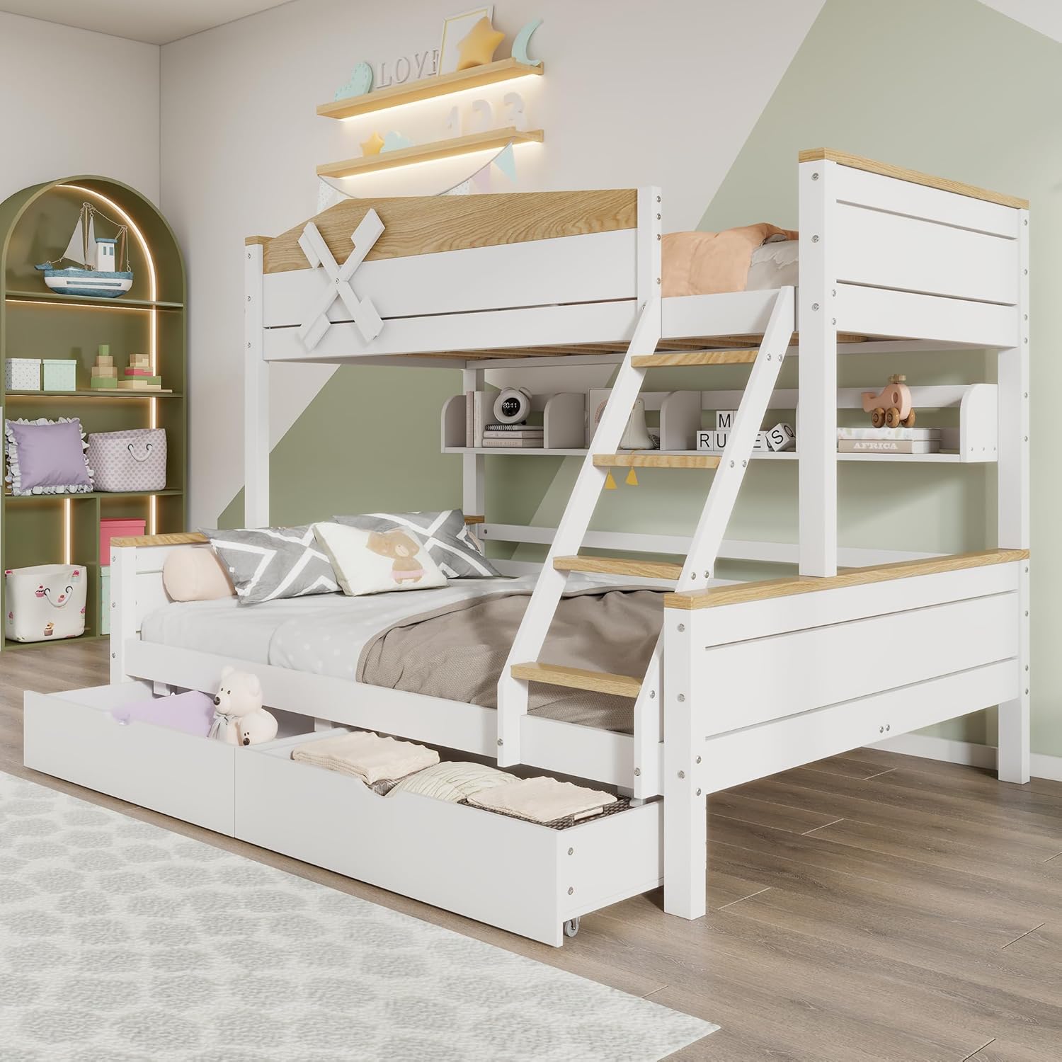 Rtopsu Kinderbett Etagenbett 90 × 200 cm & 140 × 200 cm mit Stauraum und Leiter, Ohne Matratze