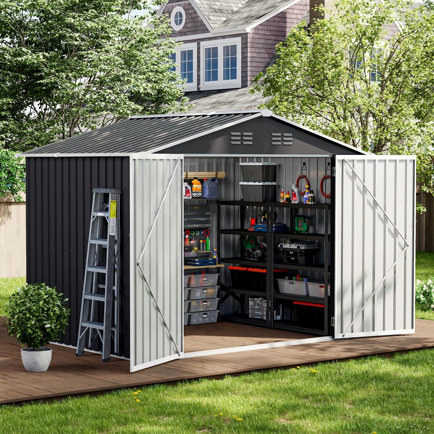 UDPATIO Metall Gartenhaus mit 7 m3, 250 × 184 × 193 cm für den Außenbereich, Pultdach, Verzinkter Stahl mit Abschließbarer Tür für Hinterhof