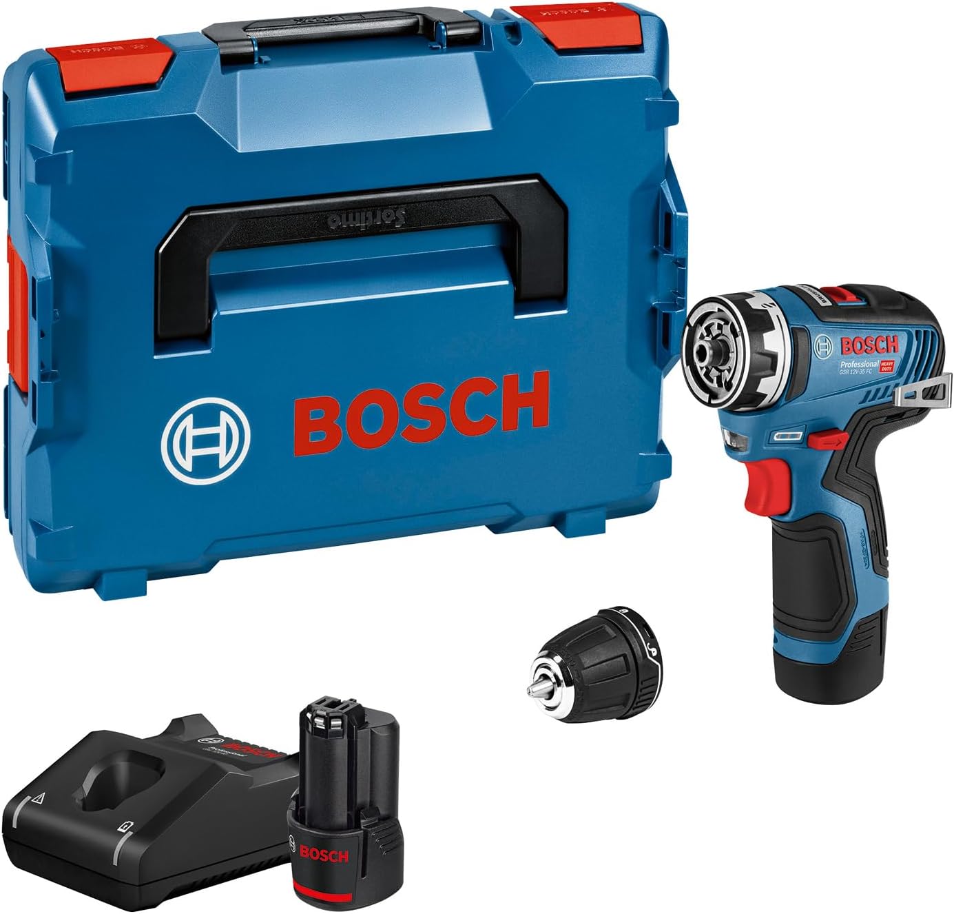 Bosch Professional 12 V System Akku Bohrschrauber GSR 12 V-35 FC, Inkl. 2x Akku GBA 3.0 Ah, Schnellladegerät GAL 12 V-40, FlexiClick System, L-BOXX