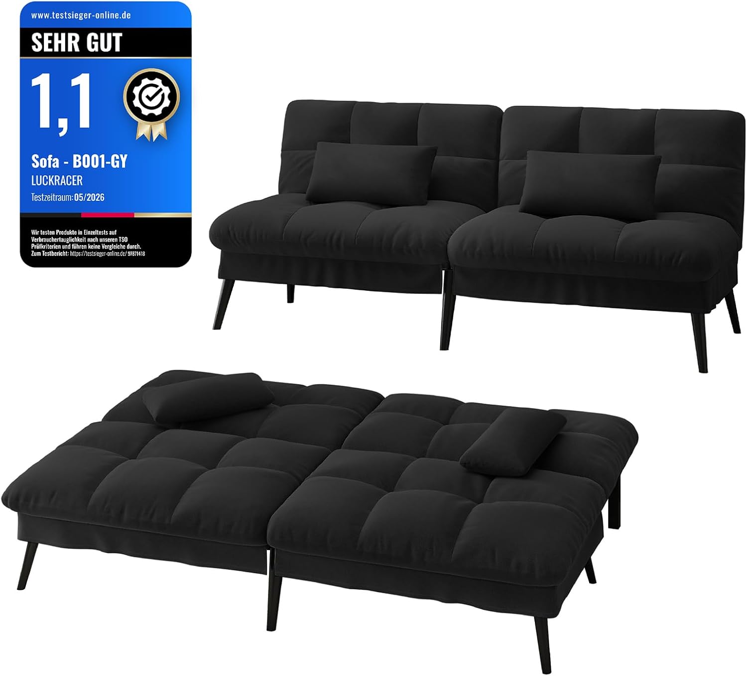 LUCKRACER Sofa 3 Sitzer Sofa Schlafsofa mit Schlaffunktion, Geeignet für Wohnungen Wohnzimmer aus Stoff Schwarz, Überzug Futon Klappsofa, Bettcouch