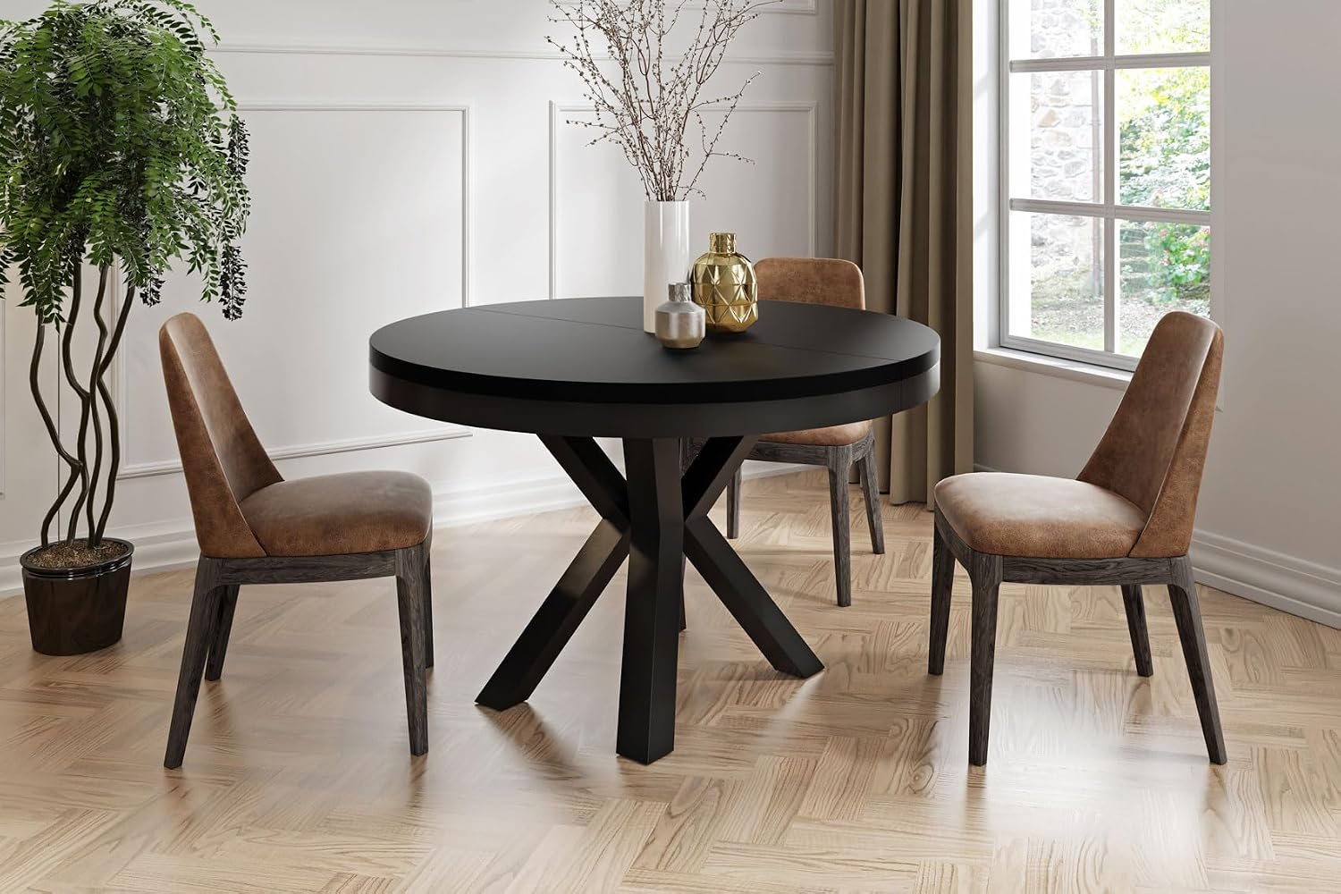 WFL GROUP Runder Ausziehbarer Esstisch im Loft-Stil, 100 bis 180 cm, Schwarz, Industrieller Tisch mit Schwarzen Metallbeinen