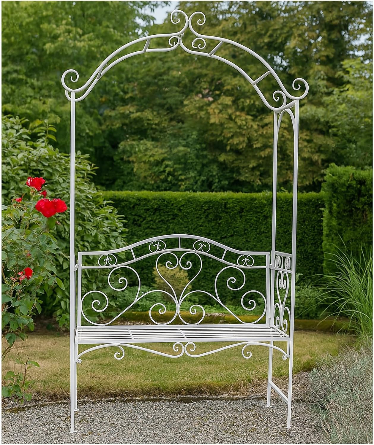 HTI living Romantische Gartenbank mit Rosenbogen aus Metall Celia, Weiß