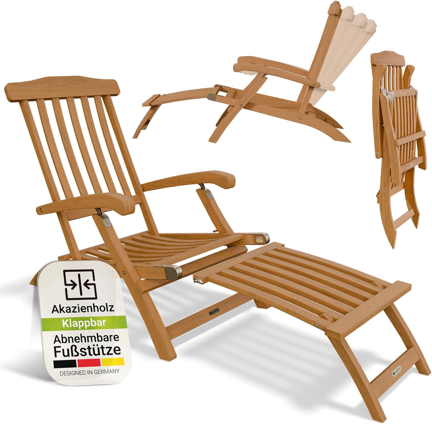 Juskys Sonnenliege Evia, 196 × 54 × 95 cm in Natur, Klappbar für Garten & Terrasse, Geöltes Akazienholz für natürliche Optik & langlebige Nutzung