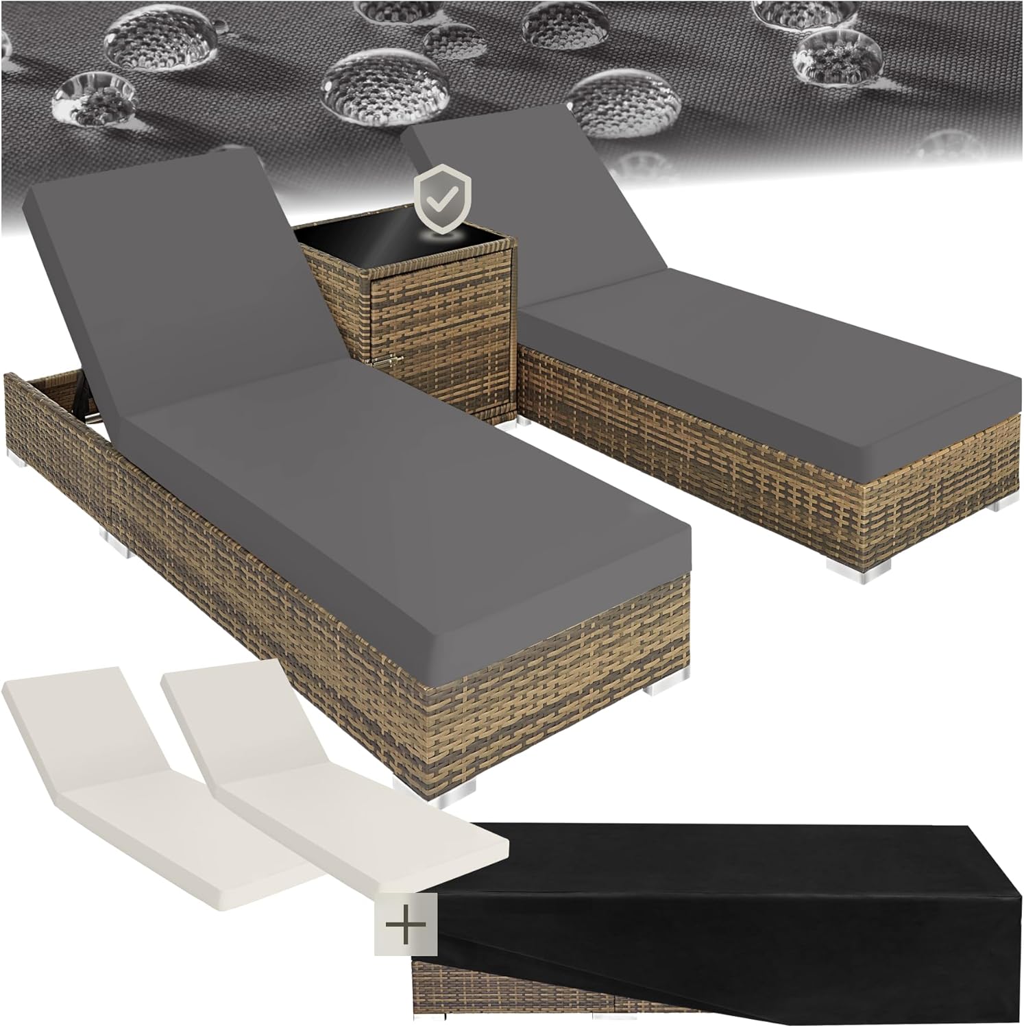 Tectake 2er Garten Lounge Sonnenliegen Set mit Tisch, Relaxliege inkl. 2 Bezugsets und Schutzhülle, Outdoor Poly Rattan Gartenmöbel Set, Natur