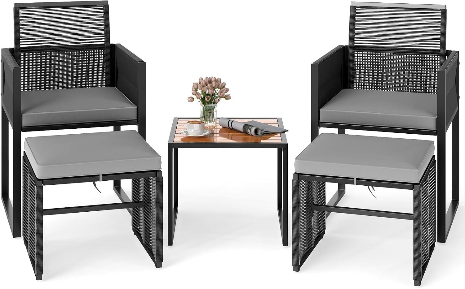 COSTWAY 5tlg. Rattan Gartenmöbel Set, Balkonset inkl. 2 Stühle mit Kissen, Balkonmöbel, Hocker & Tisch, Terrassenmöbel, Sitzgruppe für Balkon