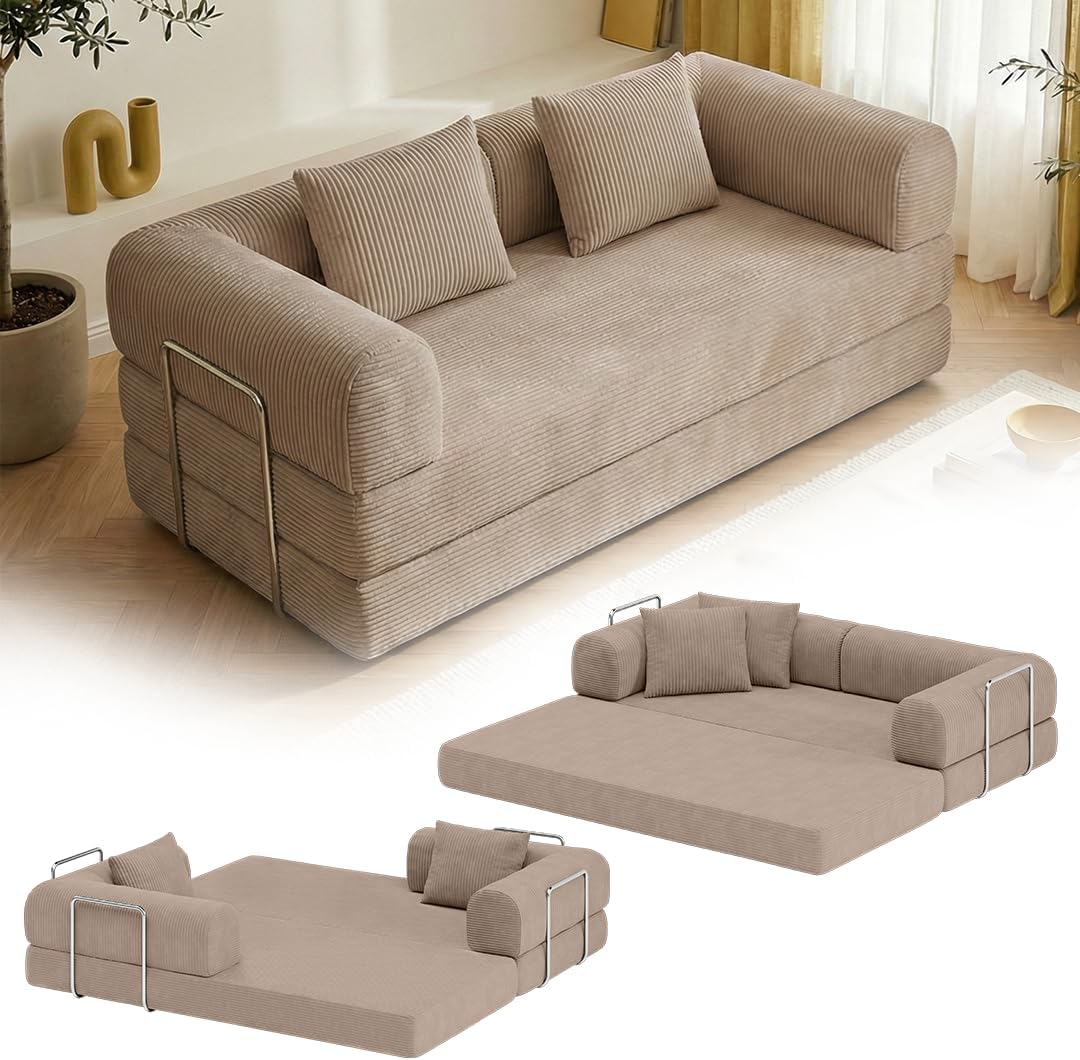 Skølm Lofn Schlafsofa aus Cord, Klappsofa inkl. 2 Kissen & Stahlgestell, Vollschaumcouch in Taupe 200 cm breit, Cordsofa Wohnzimmer, Vakuumverpackt