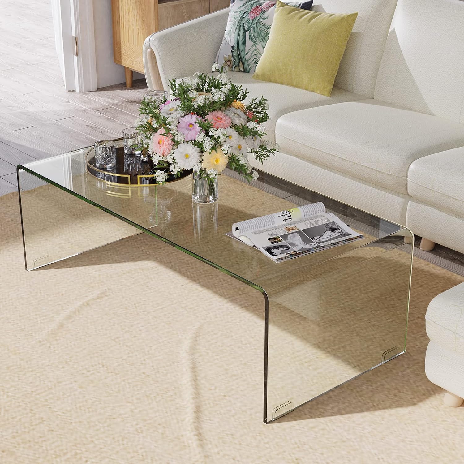 COSTWAY Couchtisch aus gehärtetem Glas, 136 kg Belastbar, 108 × 50 × 35 cm, U-förmiger Beistelltisch, Moderner Glastisch, Wohnzimmertisch Kaffeetisch