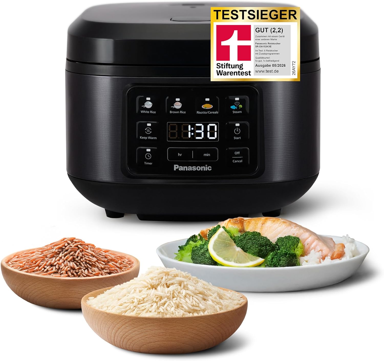 Panasonic SR-DA152KXE Automatischer Reiskocher mit Dampfgarer, Schwarz, 1,5 Liter, 8 Tassen, Fuzzy-Logik, BPA-frei, Startverzögerung