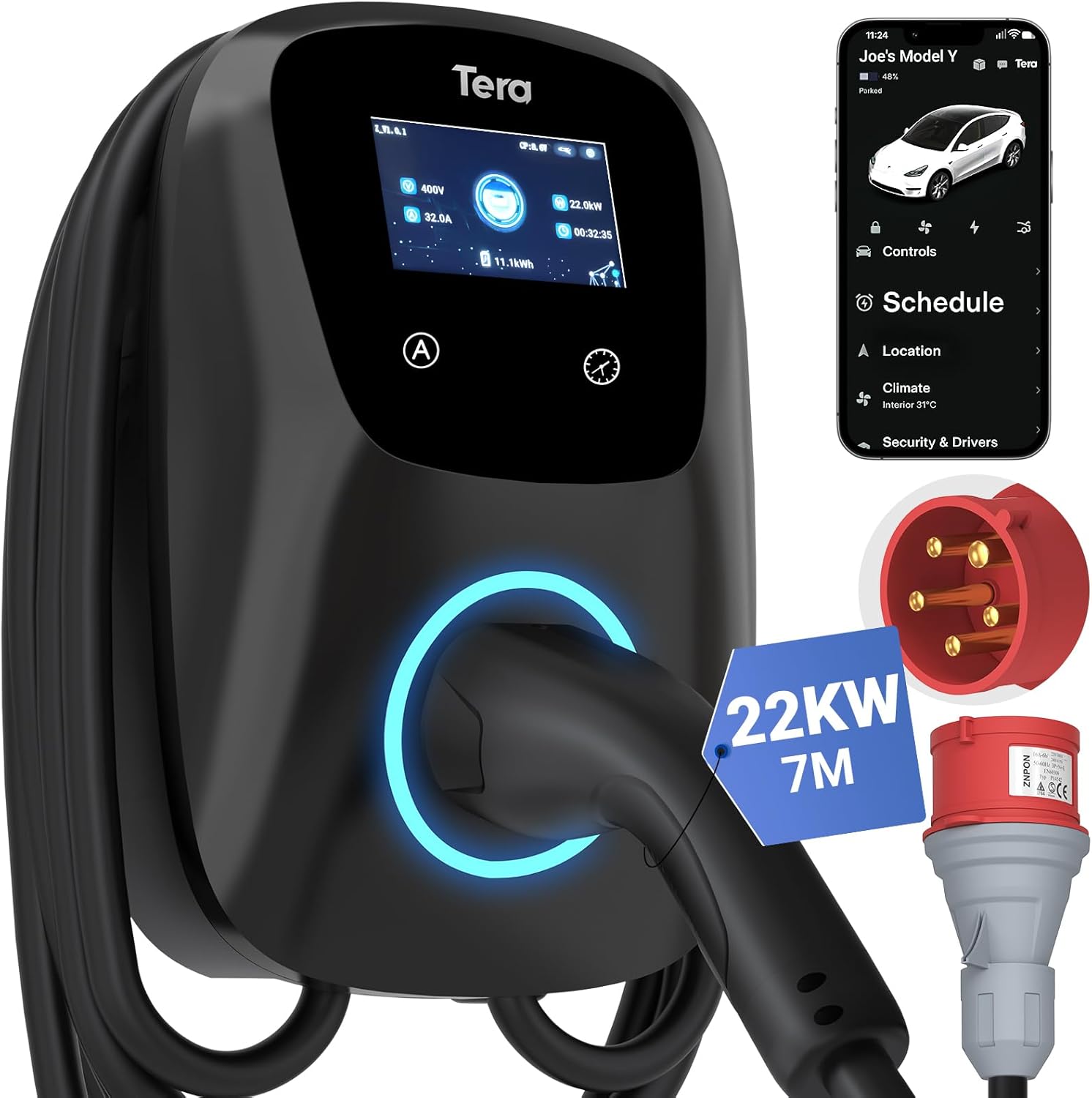 Tera EV Ladegerät Smart APP mit 32A Typ 2 22 kW oder 11 kW Heim Ladestation 400 V CE & TÜV Wallbox 7m Ladekabel mit Ladegerätehalter App-Steuerung CEE