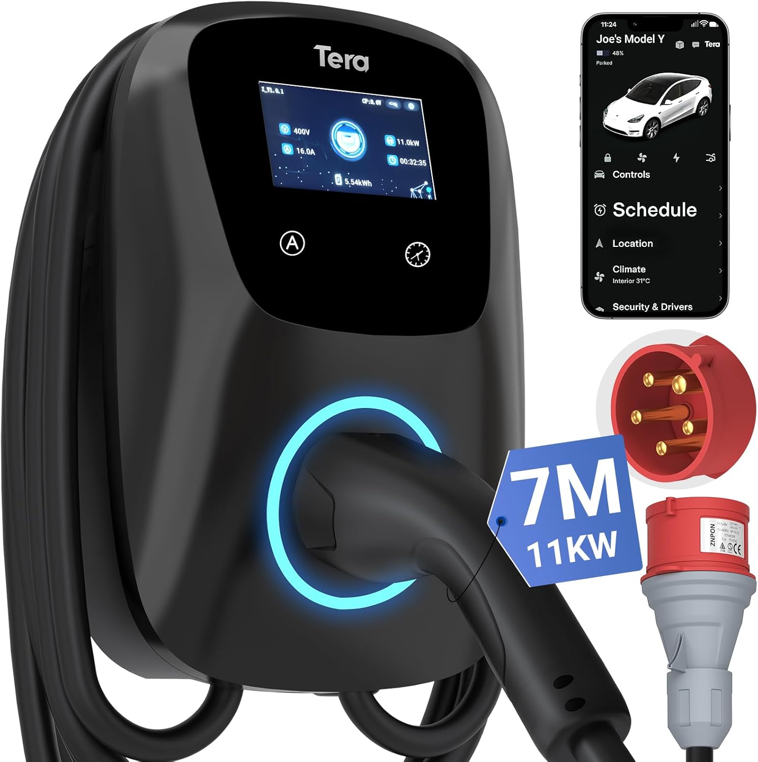 Tera Smart EV Ladegerät Typ 2 Wallbox mit APP 11 kW 16A 400 V CE&TÜV mit Wlan & Bluetooth 7m Ladekabel mit Ladegerätehalter Heim Wallbox CEE 3-Phasen