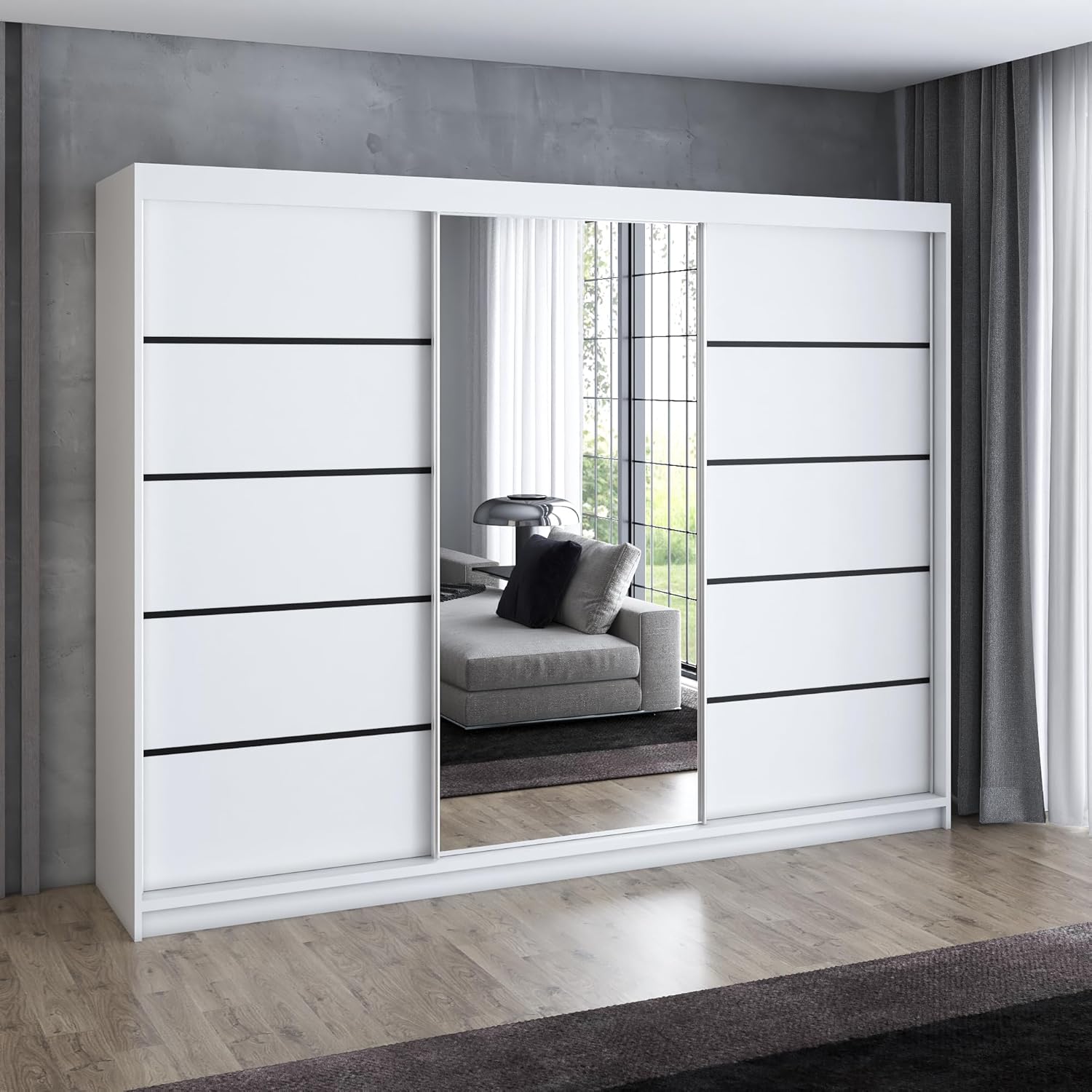 A&J MöbelLand Schwebetürenschrank VILUNO 2 Kleiderschrank 3-türig 200 cm mit Spiegel, 4 Schubladen & 2 Kleiderstangen, Geräumiger Schlafzimmerschrank