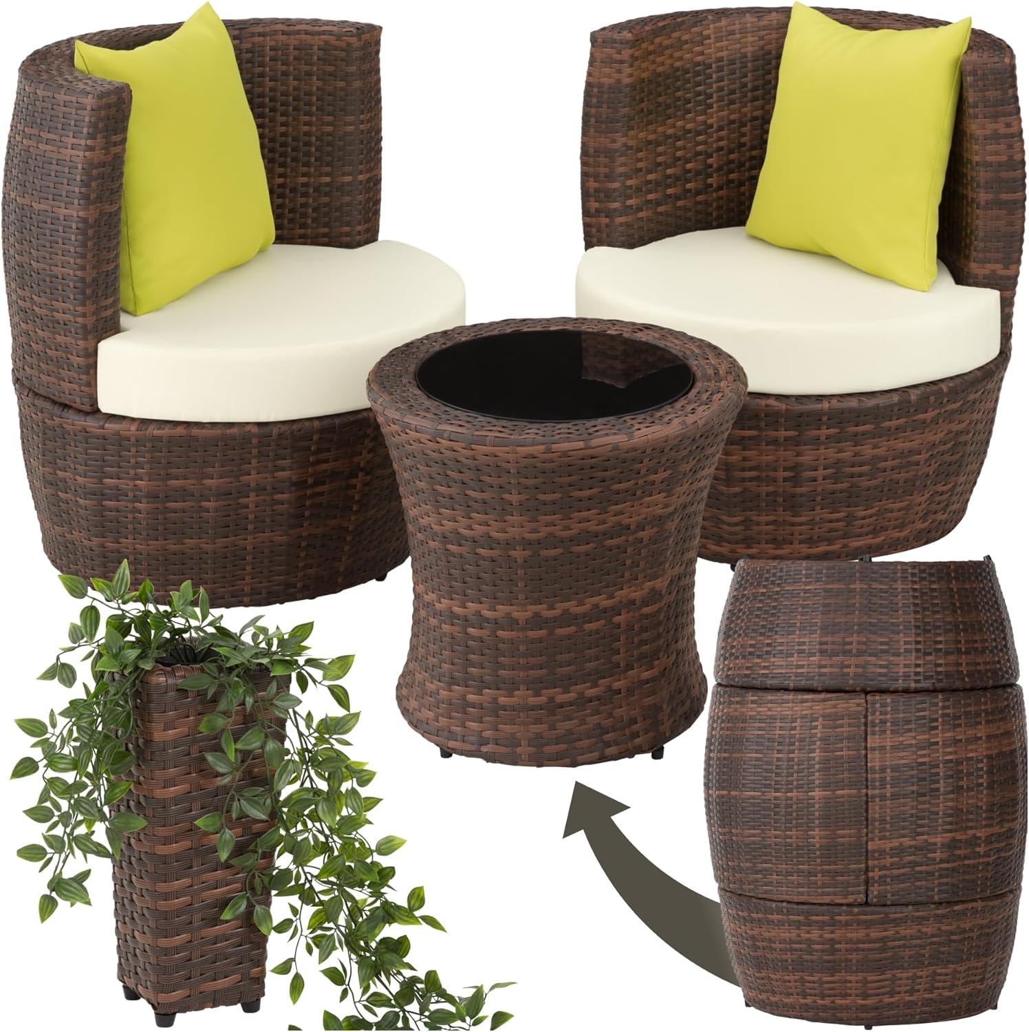 Tectake Rattan Set 2 Personen, Aluminium Gartenmöbel Set, Schwarz/braun, Balkonmöbel, Outdoor Sitzgruppe mit 2X Stuhl, 1 Beistelltisch rund