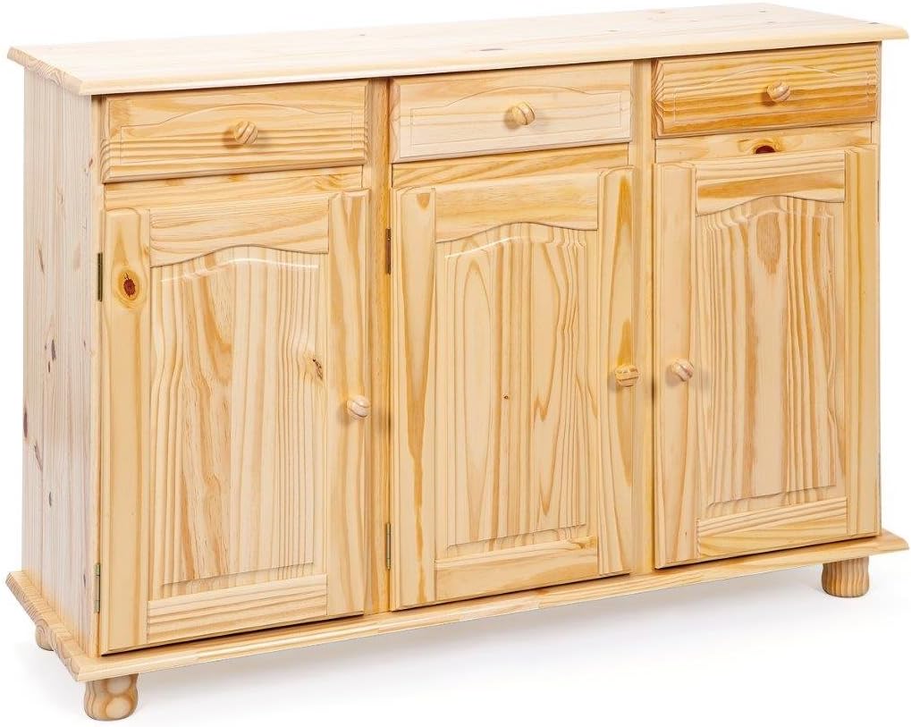 Inter Link, Landhausstil Kommode, Sideboard, Beistellschrank, Kiefer massiv, 3 Türen, 3 Schubladen, Natur lackiert, Abaco