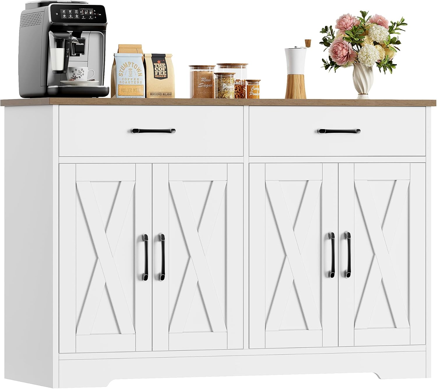 HOCSOK Sideboard, 120 cm Breit Küchenschrank mit Arbeitsplatten, Küchenbuffet Aufbewahrungsschrank mit 2 Schubladen und 4 Türen Wohnzimmer, Flur