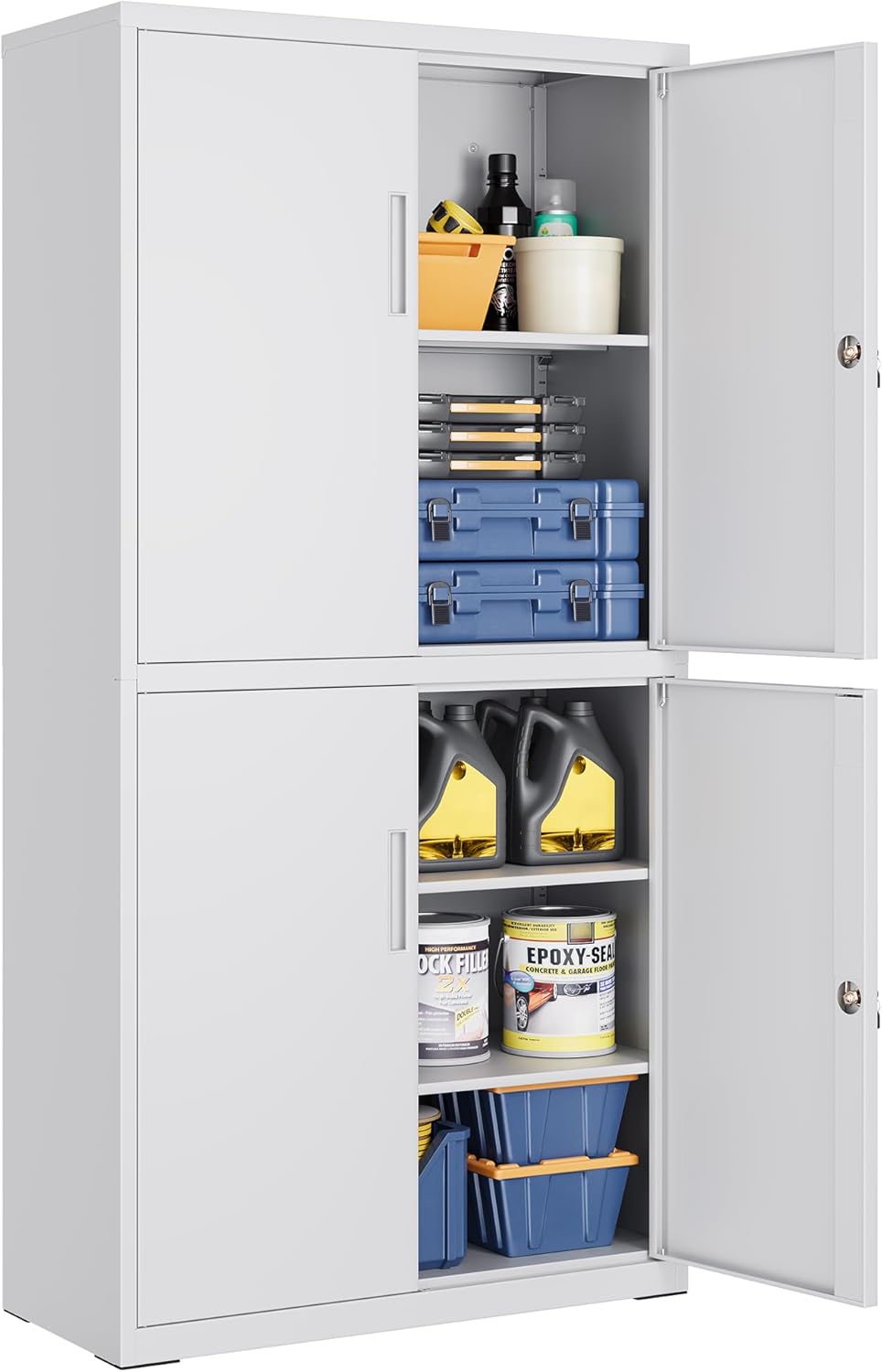 SONGMICS Aktenschrank, 40 × 80 × 180 cm, Mattgrau OMC016G01, Mehrzweckschrank, Büroschrank, Mit 4 Türen und 5 Ebenen, 2 Schlösser
