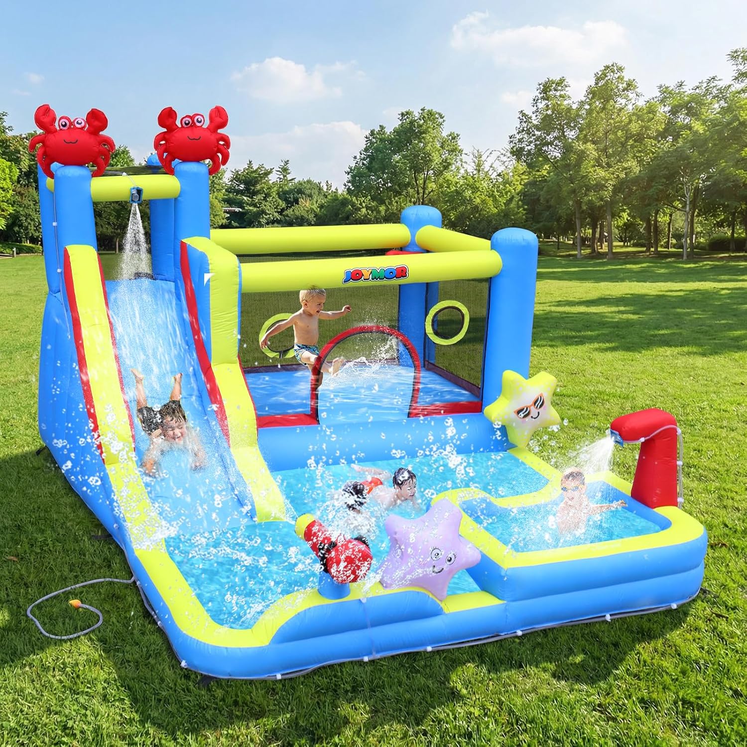 Bonnlo hüpfburg Indoor/Outdoor, Blau-XXL, Hüpfburg mit Gebläse und Troken-/Wasserrutsche, Spielhaus Outdoor für Kinder ab 3 Jahre