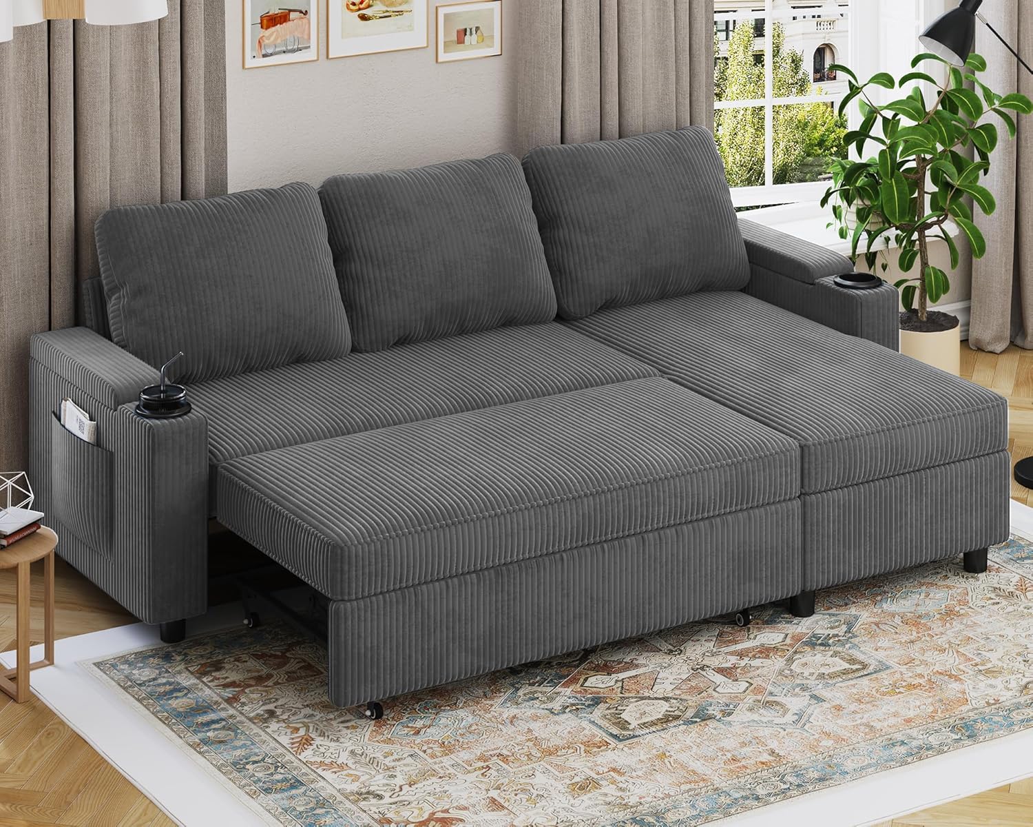 Devoko Ecksofa mit Schlaffunktion und Bettkasten L-Form Sofa 3-Sitzer Ausziehbares Schlafsofa Leinen Couch Kleines Schlafcouch für Wohnung und