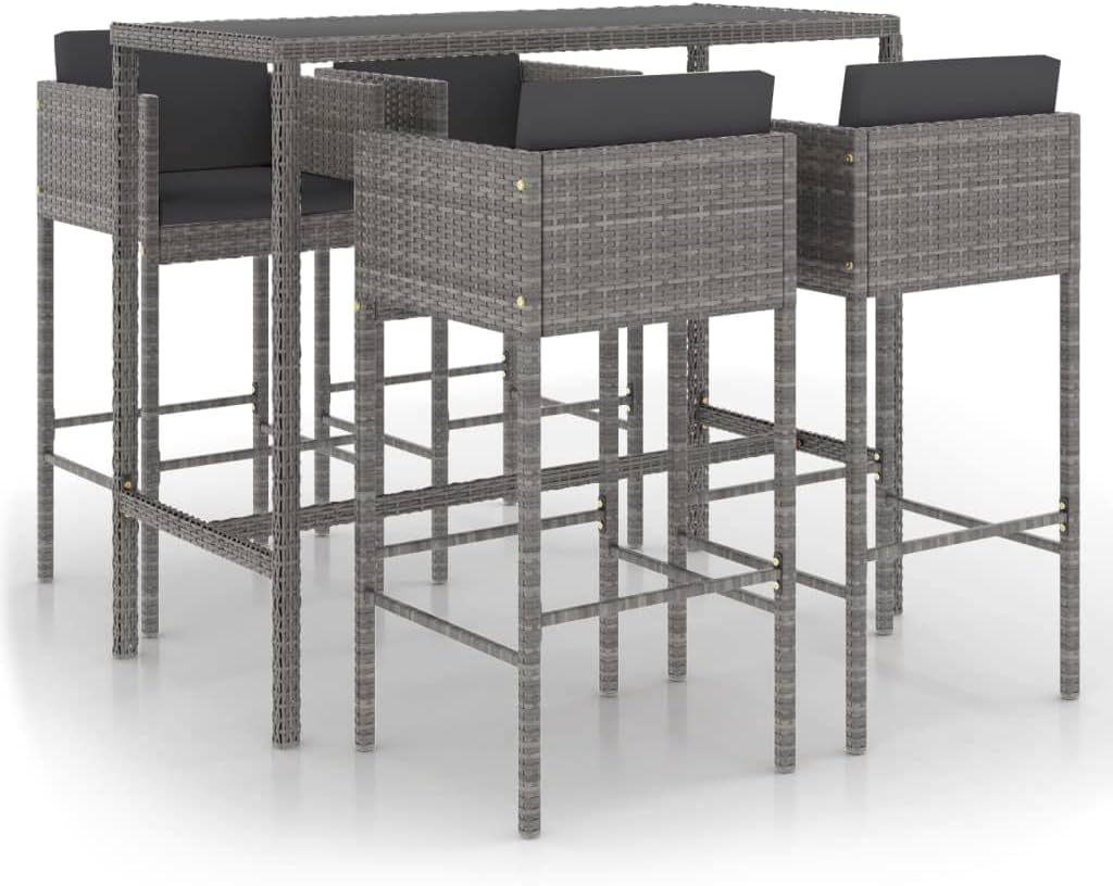 vidaXL Gartenbar 5-TLG. Kissen Barsets, Rattan, Grau/Schwarz, Glas