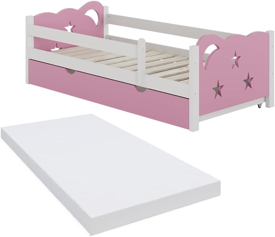 VitaliSpa Kinderbett Jessica, 80 × 160 cm mit Schublade und Matratze, Rosa, Ausziehbar als Jugendbett, Kombinierbar mit Jessica-Serie