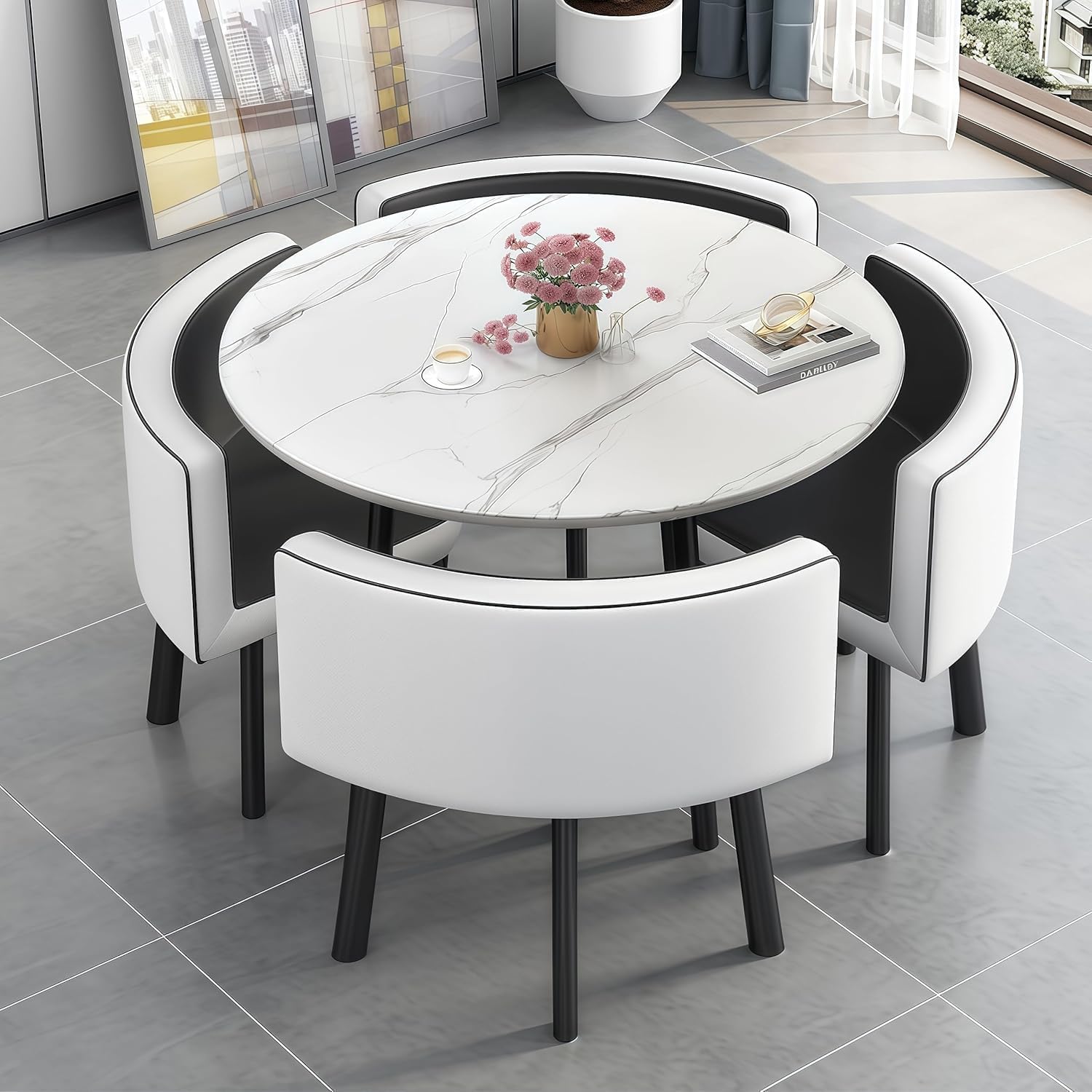 AMZSEW Esstisch und 4 Stuhlset , 90 cm Runder Esstisch und 4 Kunstleder Esszimmerstühle, und 4 Stuhlset, 90 cm Runder, Holzt + hellgraus, Wohnzimmer