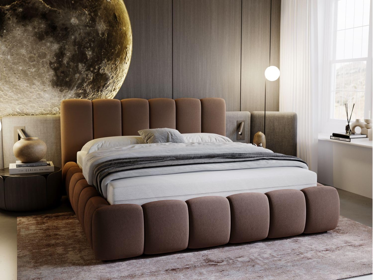GRAINGOLD Cloud Bett 140 × 200, Ohne Matratze, Polsterbett mit Bettkasten, Polsterbett mit Stauraum, Samt, Mit Lattenrost, Mit Kopfteil, Braun