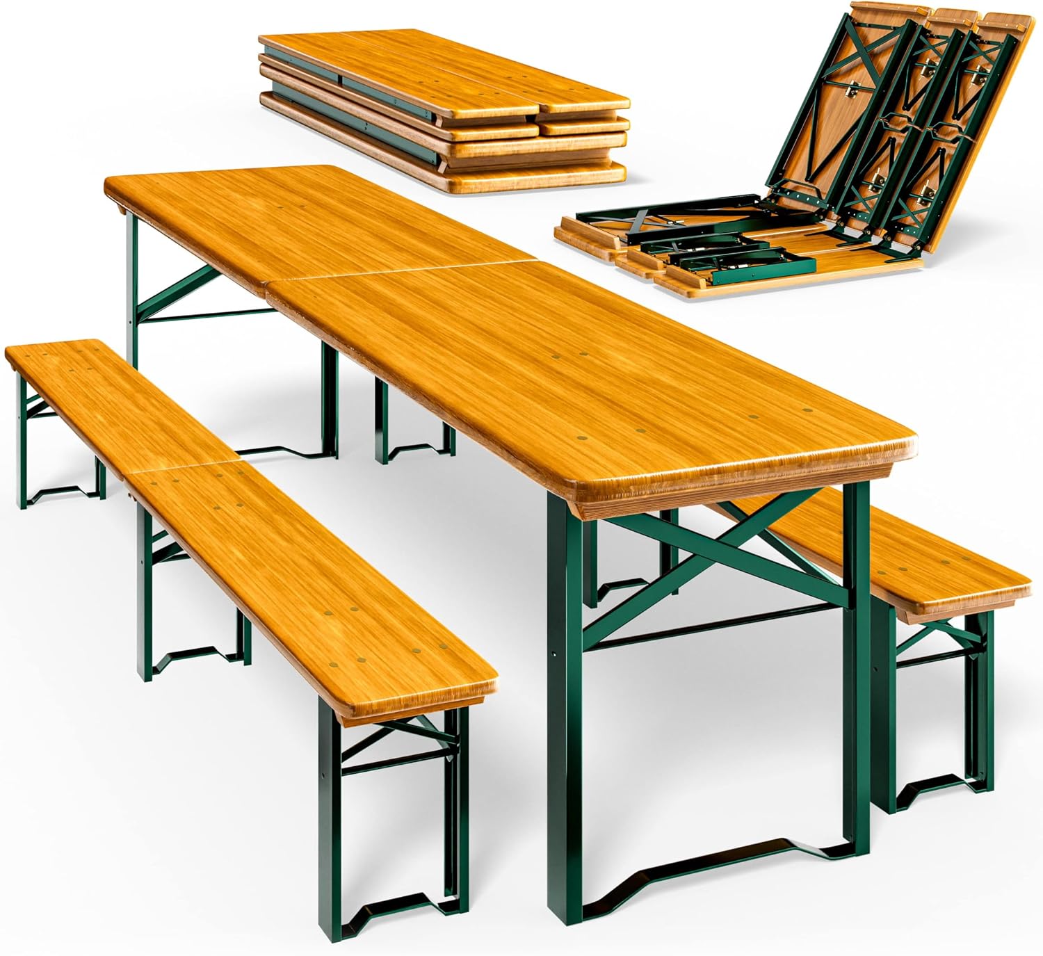 Casaria Tisch Bierzeltgarnitur 220 cm Klappbar Stabil 3 Teilig 2X , Holz Bier, Holz/Grün, Stahl