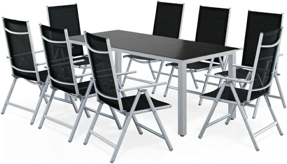 Casaria Gartenmöbel Set 8 Stühle mit Tisch 190 × 90 cm Aluminium Sicherheitsglas Wetterfest Klappbar Modern Terrasse Balkon Möbel Sitzgruppe Garnitur