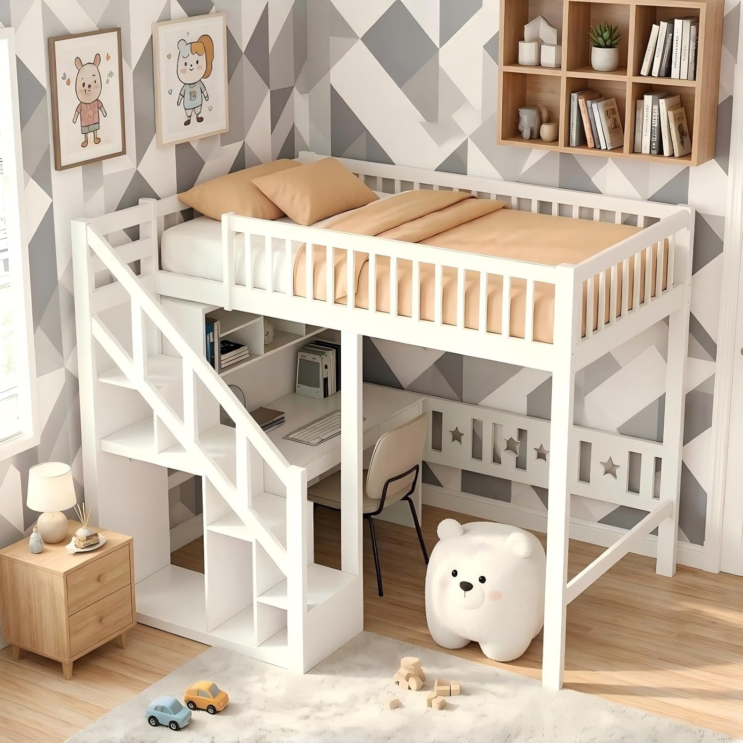 Teahutty Bett Kinder Etagenbett 90 × 200 , 90 × 200 cm), für Mädchen Junge (Weiß, Hochbett Hausbett mit Treppe, Gitter und Rausfallschutz