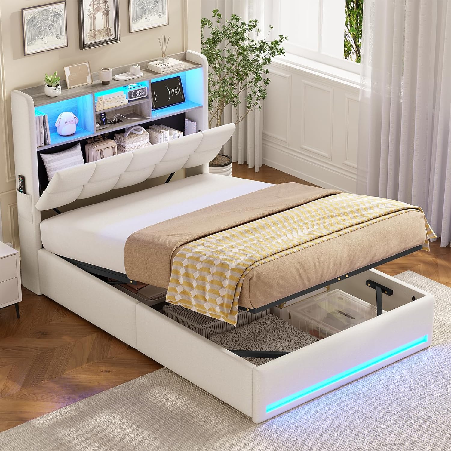 AOGLLATI Polsterbett 90 × 200 cm Hydraulisches Stauraumbett mit LED-Bleuchtung Jugendbett mit Ladestation Einzelbett mit Stauraum Kopfteil