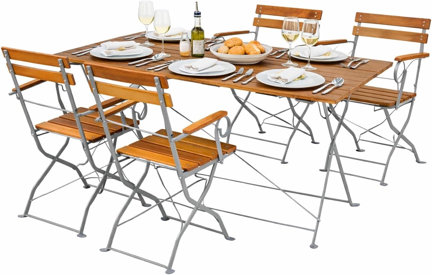 Mojawo Biergarten Set Bistroset Klapptisch + 4 Klappstühle mit Armlehnen Akazieholz und pulverbeschichteter Stahl 120 × 70 cm